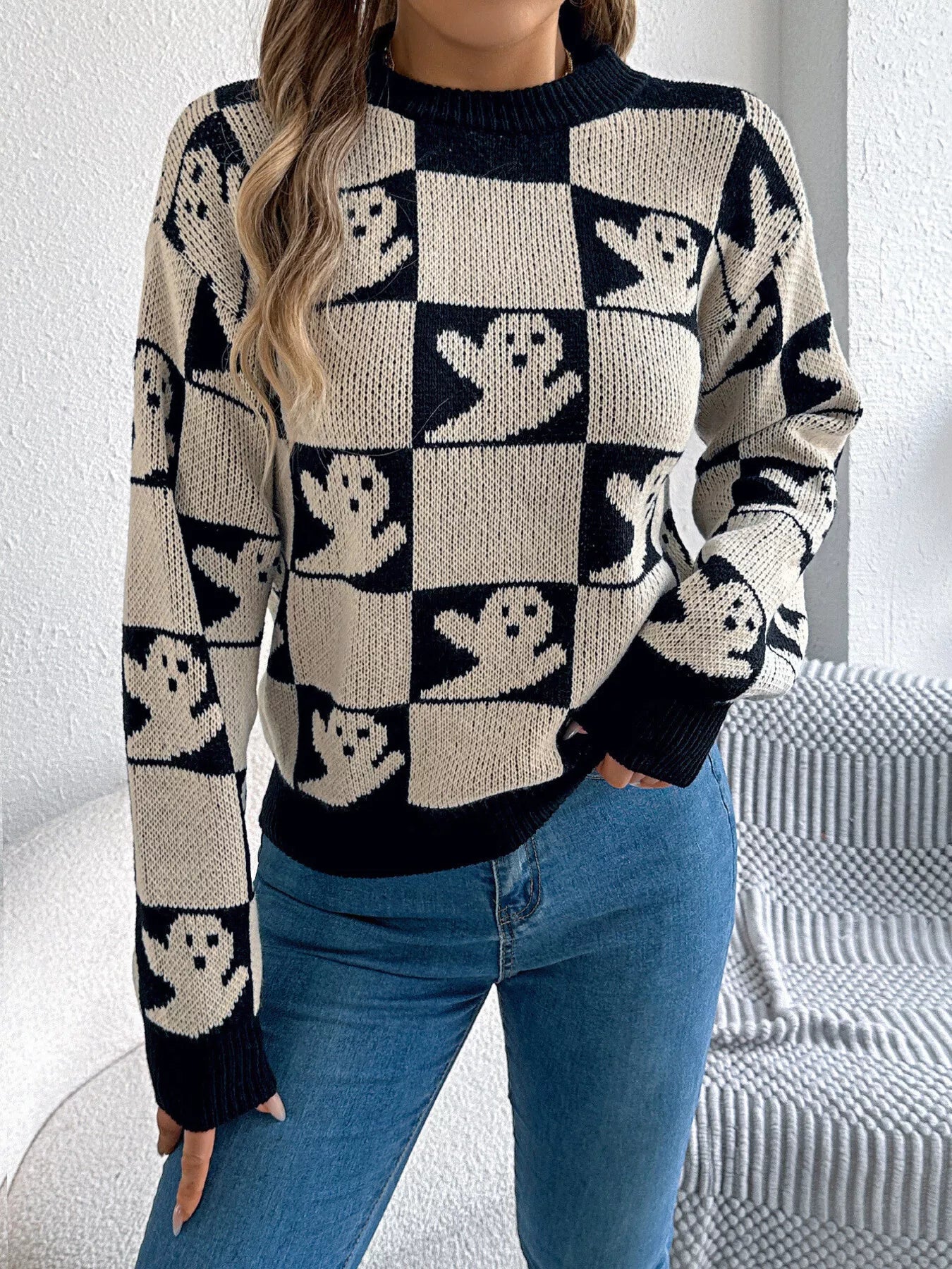 Halloween Ghost Pattern Checkered Round Neck Sweater - Thalia Chic