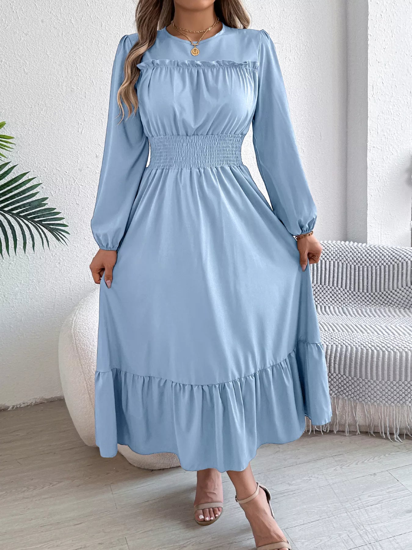 Round Neck Balloon Sleeve Tiered Dress - Thalia Chic