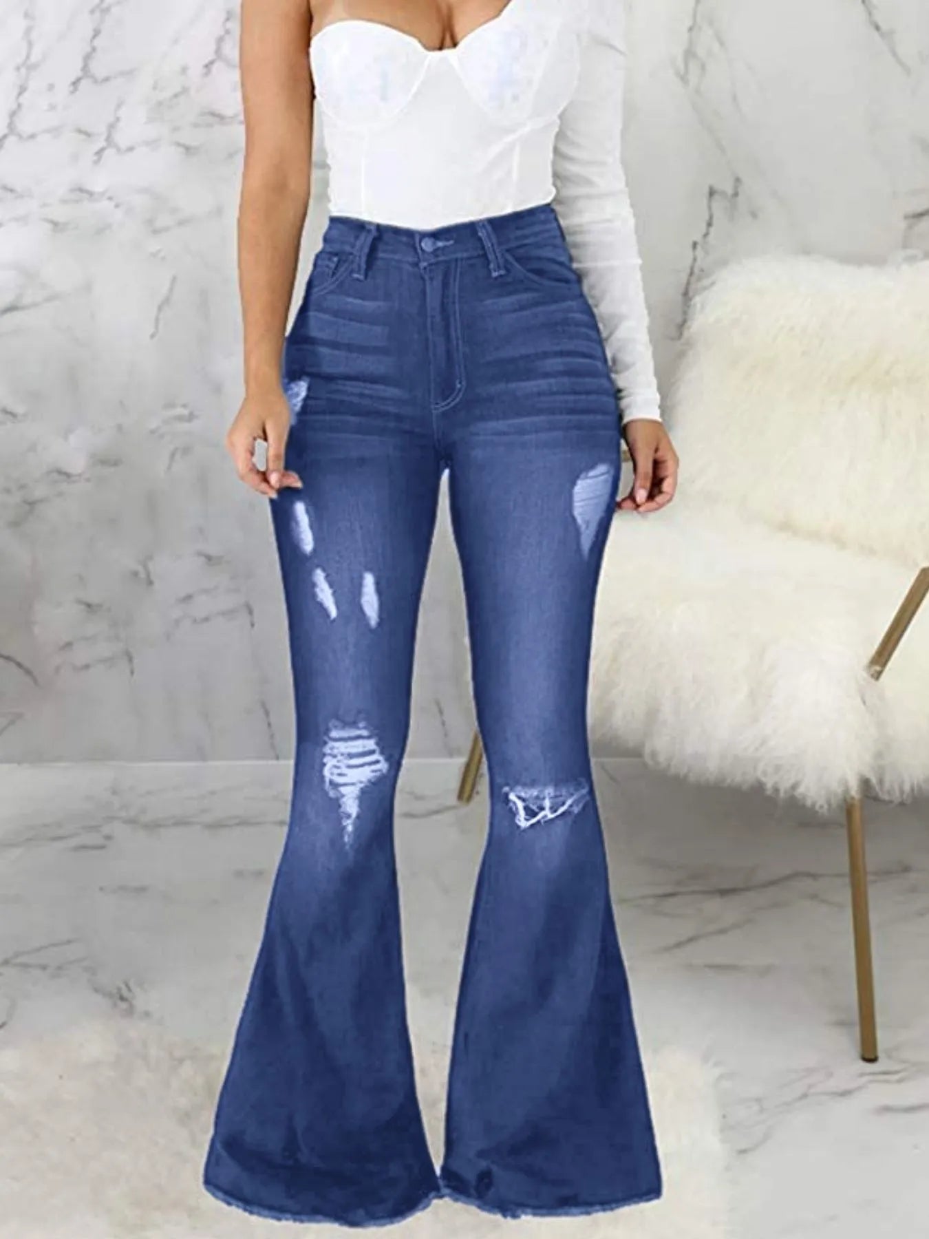 Full Size Distressed Raw Hem Flare Jeans Plus Size - Thalia Chic