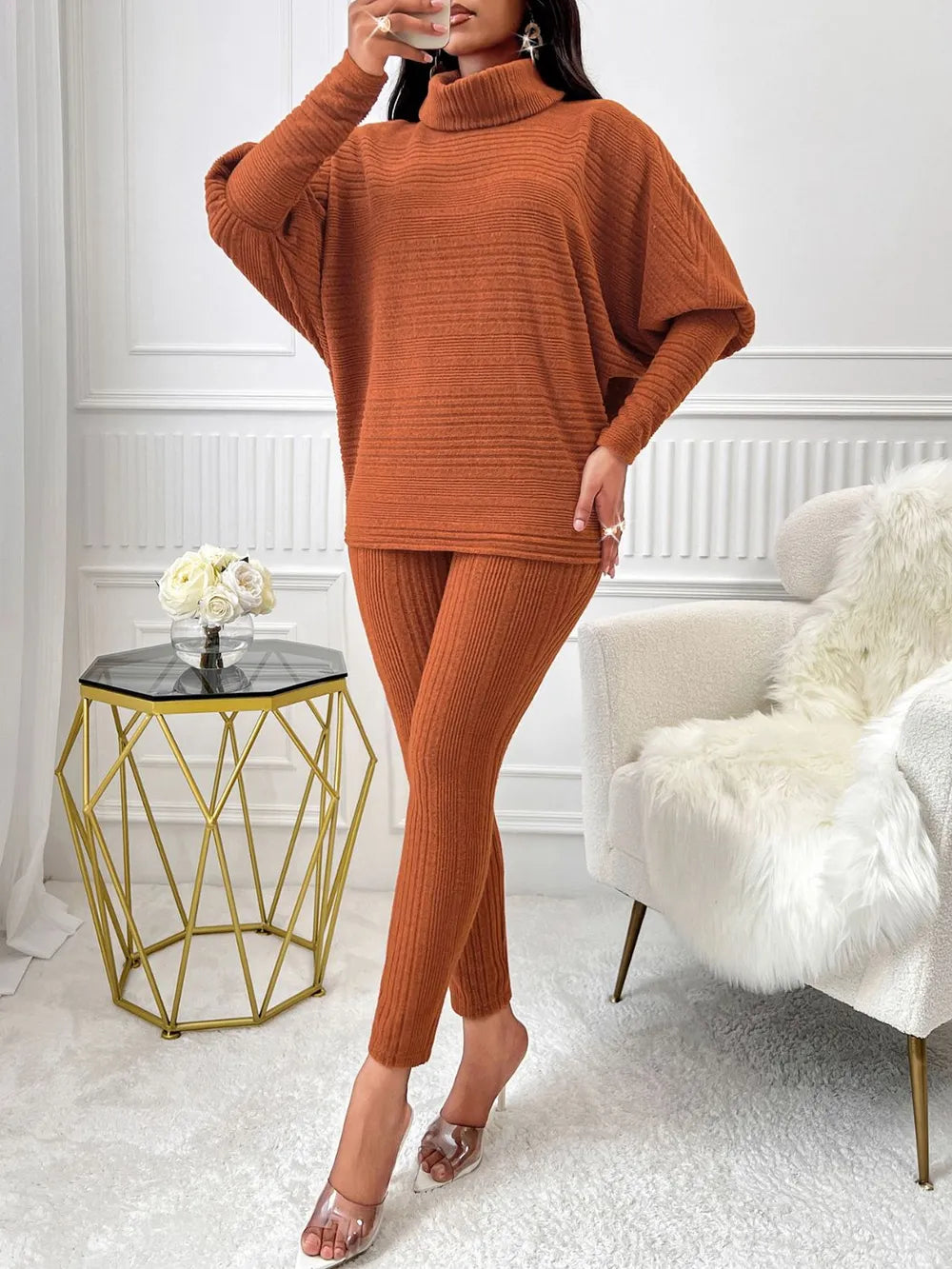 Turtleneck Batwing Sleeve Top and Pants Set - Thalia Chic