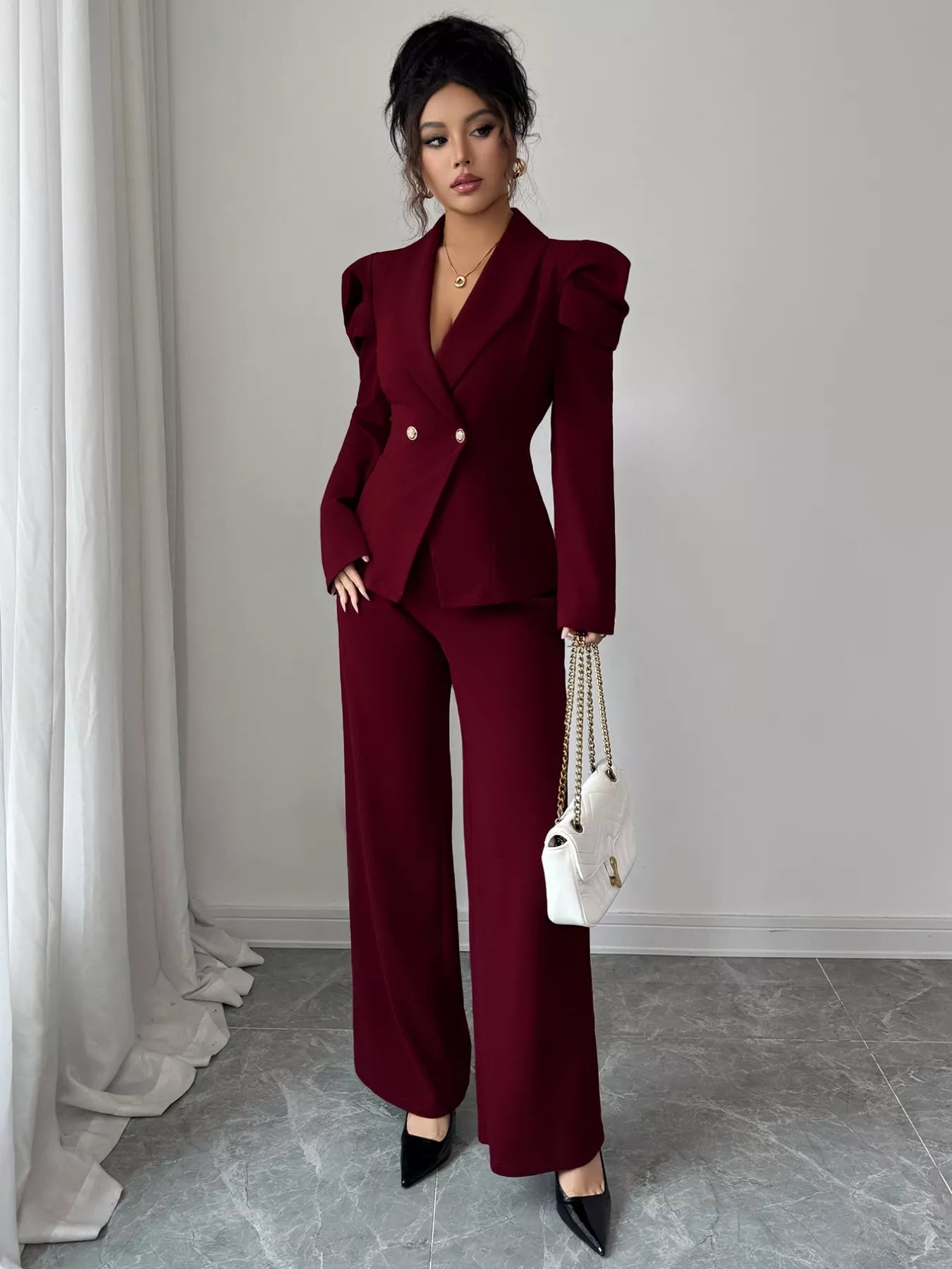 Double-Breasted Blazer and Pants Suit Set - Thalia Chic