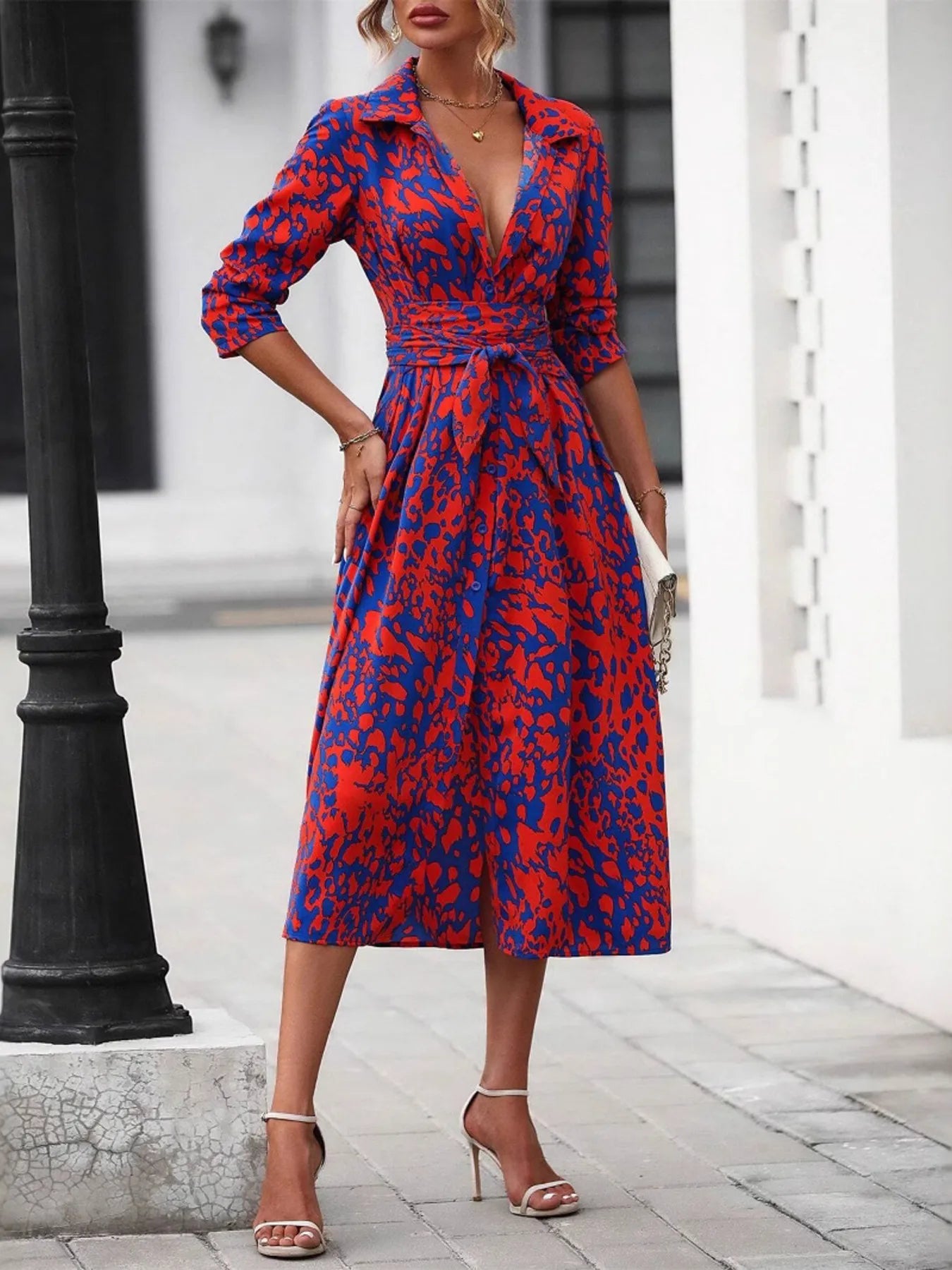 Printed Long Sleeve Shirt Dress - Thalia Chic