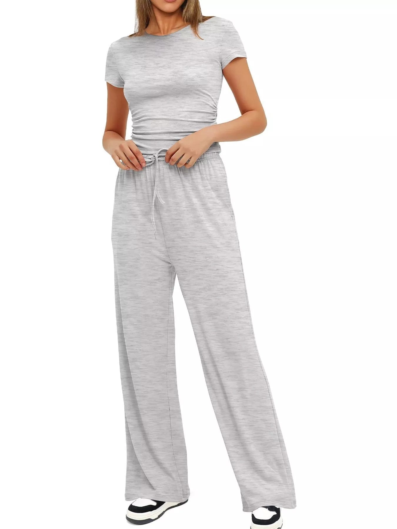 Round Neck Short Sleeve T-Shirt and Pants Set - Thalia Chic