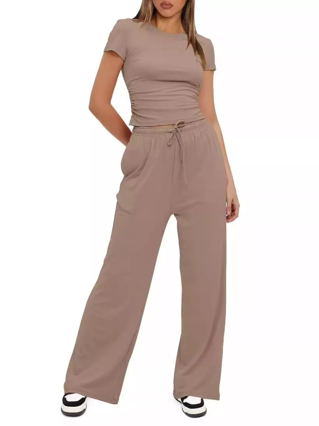 Round Neck Short Sleeve T-Shirt and Pants Set - Thalia Chic