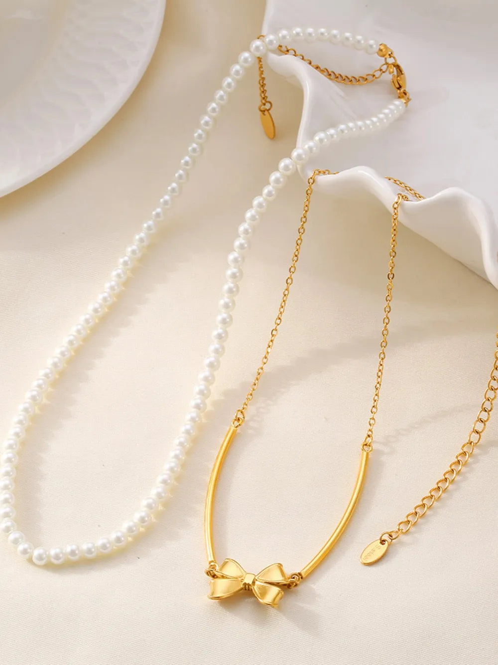 3 Piece Pearl Necklace, Bow Necklace and Stud Earrings Jewelry Set - Thalia Chic