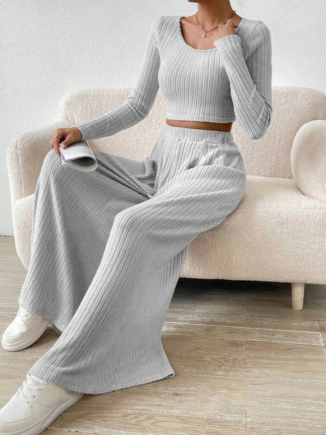 Ribbed Knit Crop Top and Wide Leg Pants Set - Thalia Chic