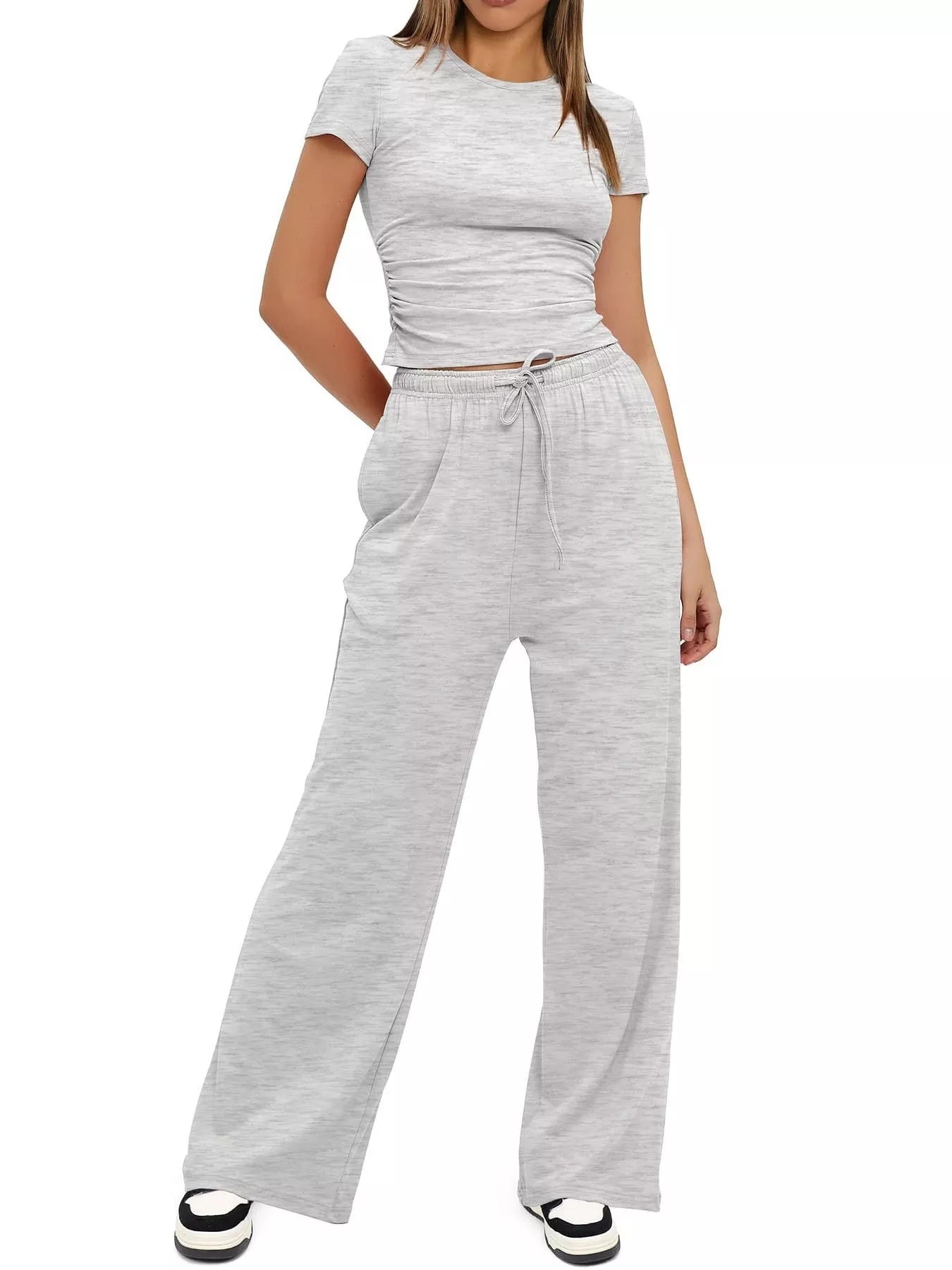 Round Neck Short Sleeve T-Shirt and Pants Set - Thalia Chic