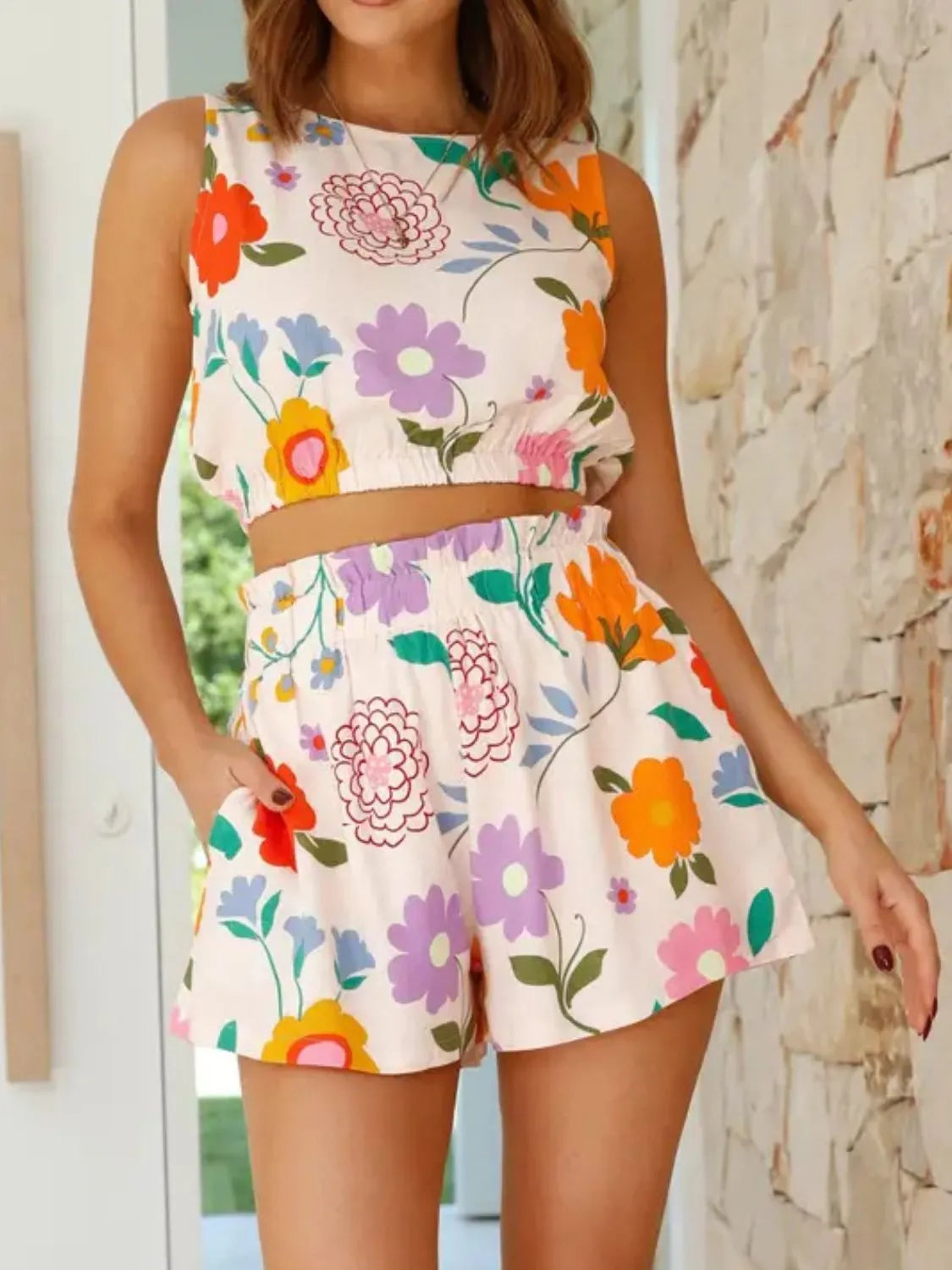 Floral Round Neck Tank and Shorts Set - Thalia Chic