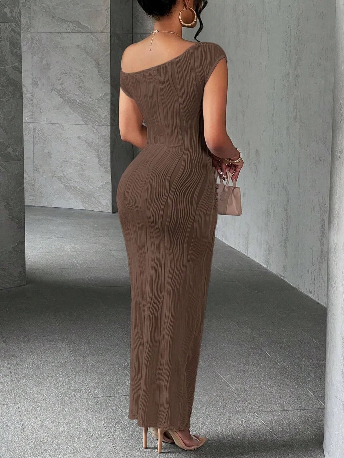 Textured Single Shoulder Bodycon Maxi Dress - Thalia Chic