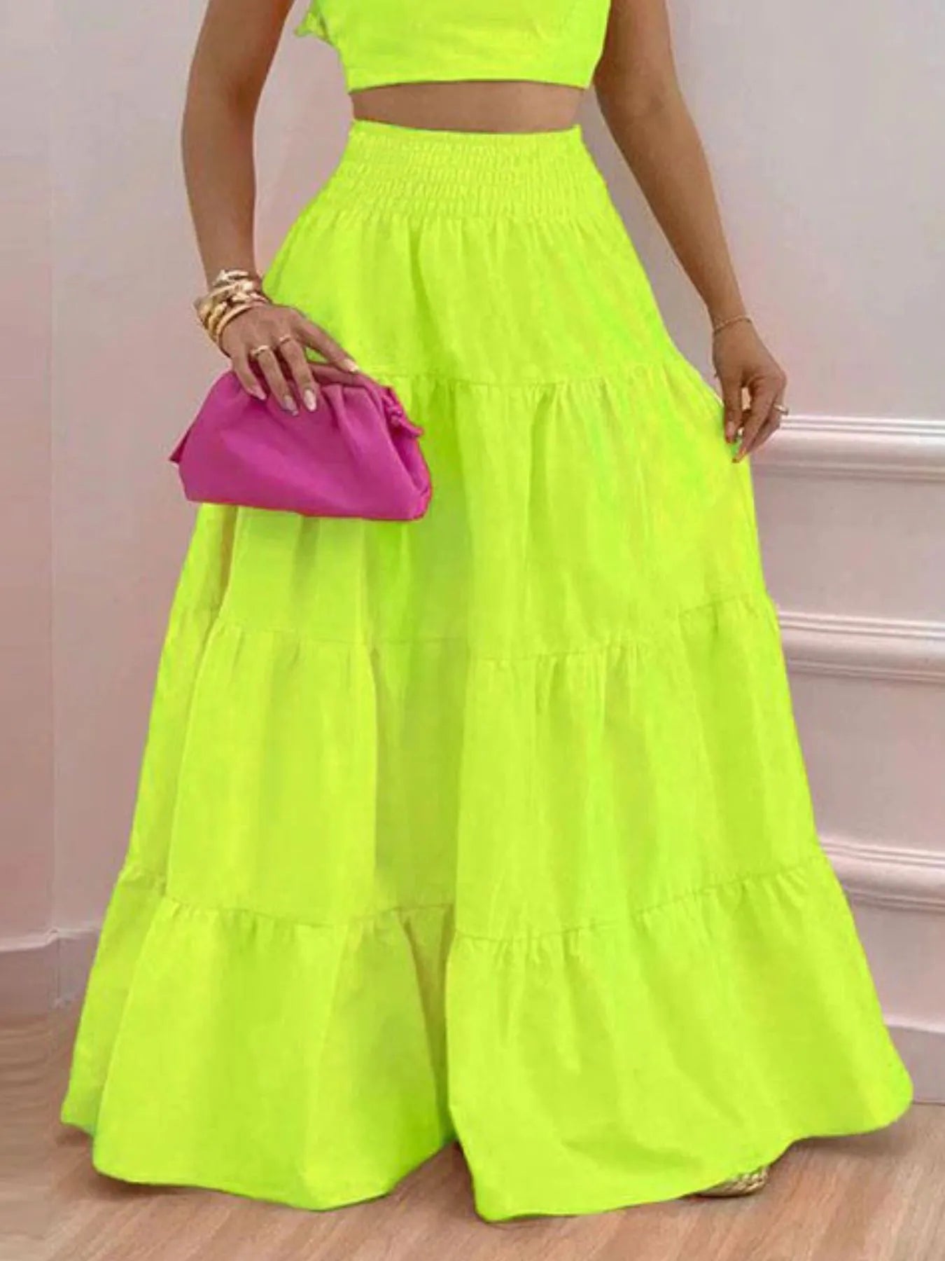 Full Size Ruffled Cami and Tiered Maxi Skirt Set Plus Size - Thalia Chic