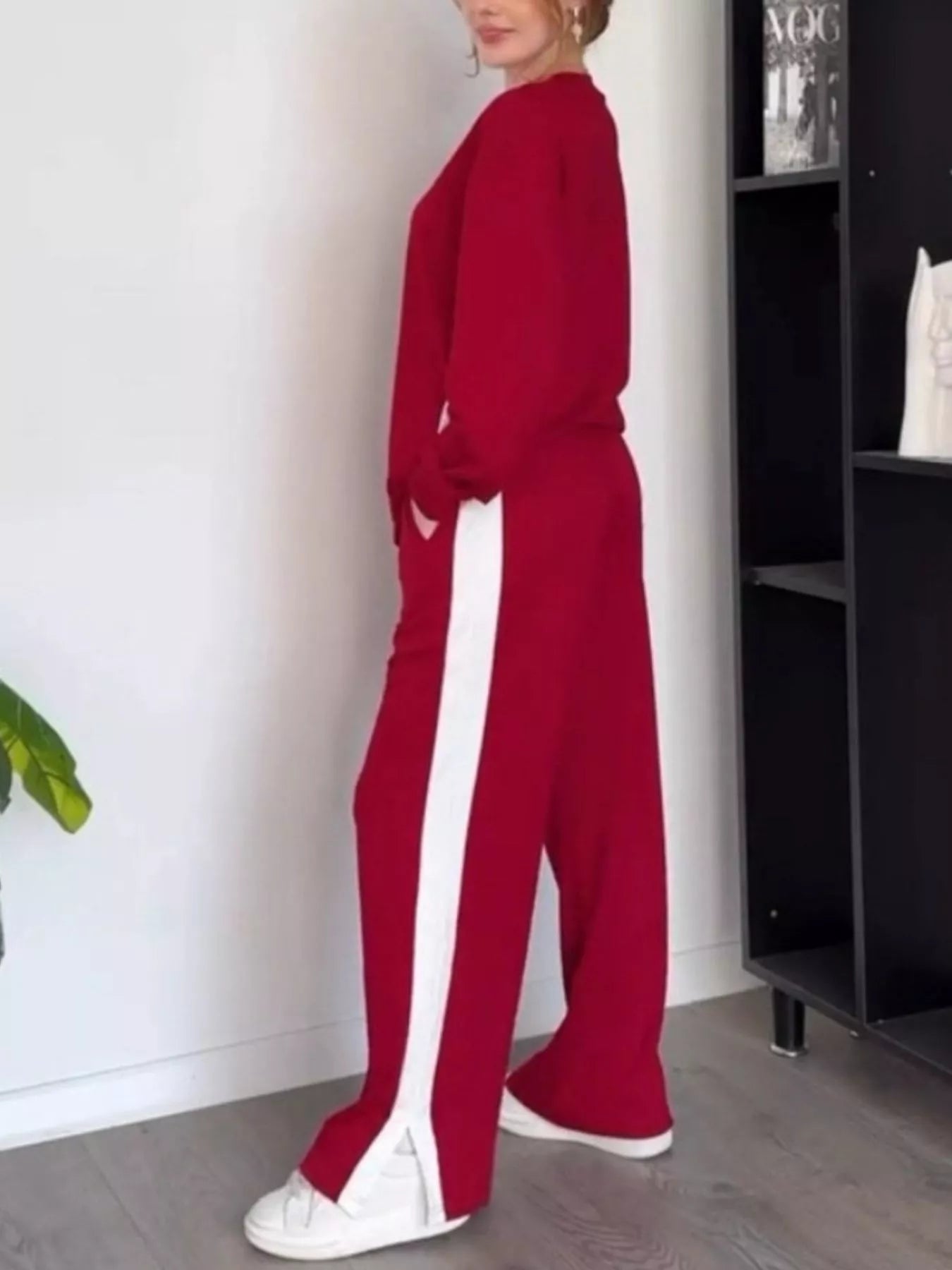 Full Size Contrast Round Neck Top and Pants Set Plus Size - Thalia Chic