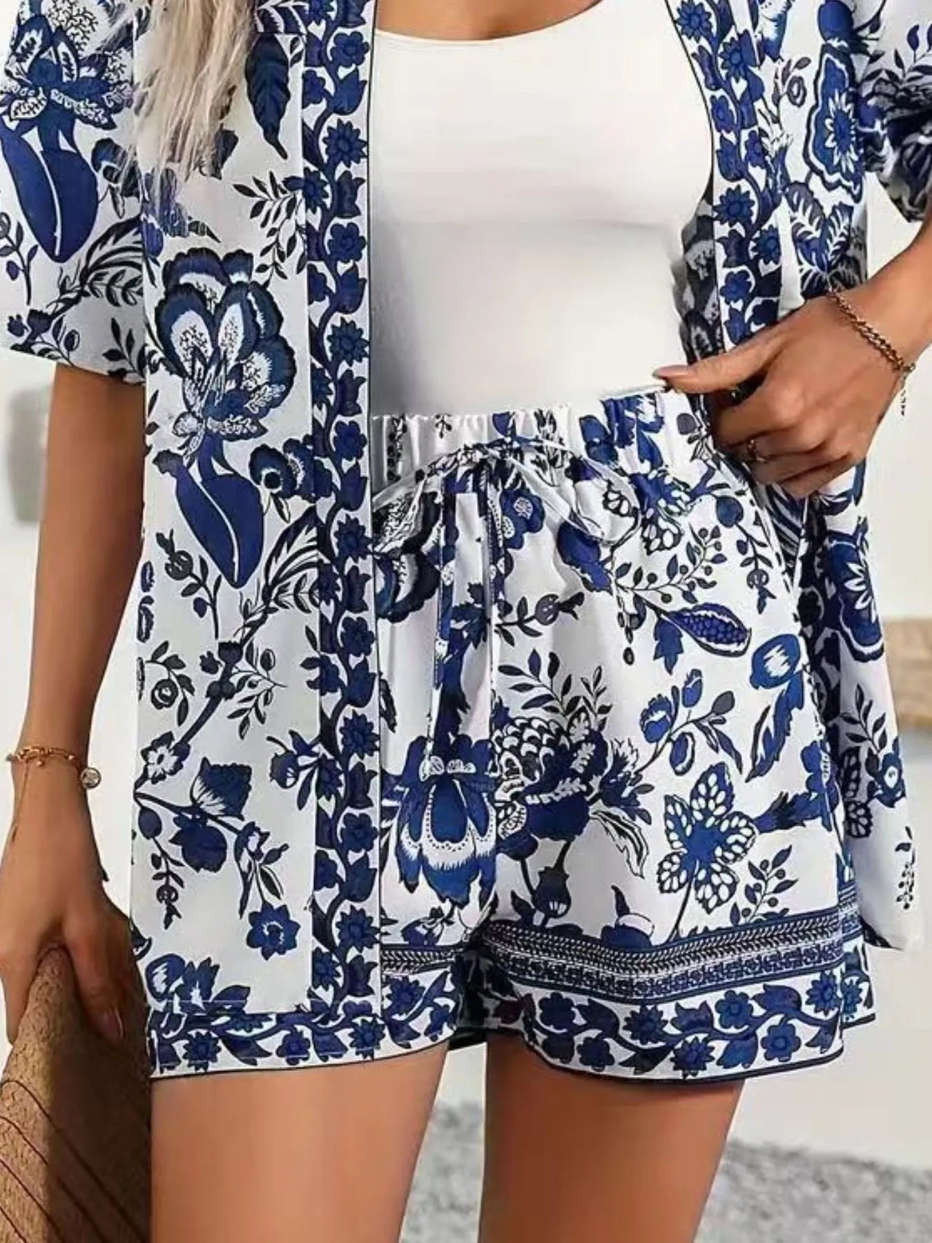Printed Open Front Cardigan and Shorts Set - Thalia Chic