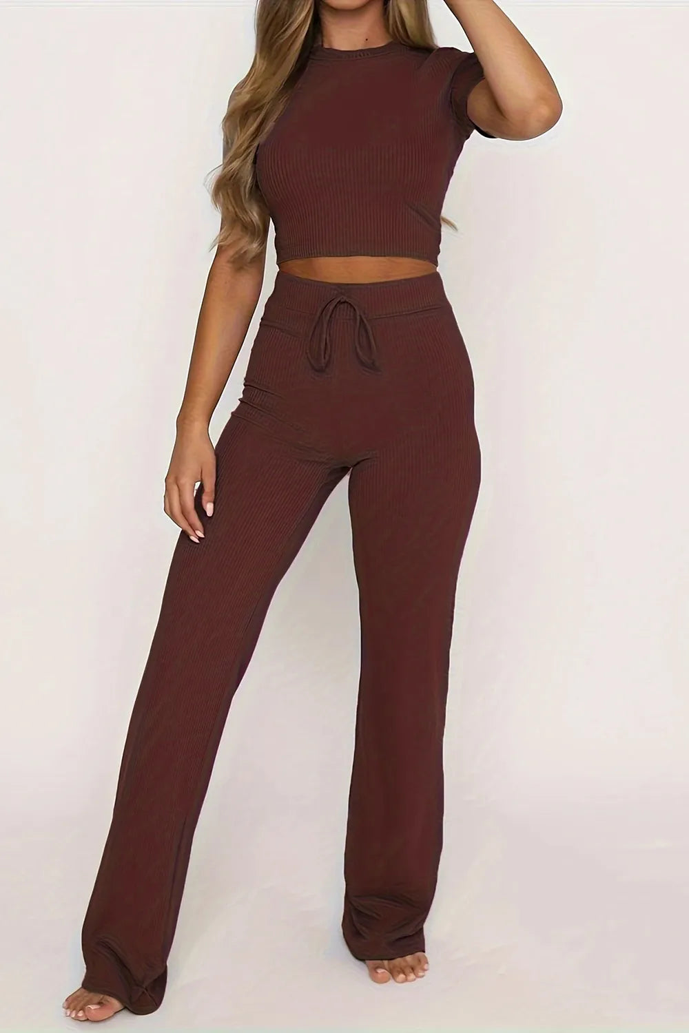 Round Neck Short Sleeve Top and Pants Set - Thalia Chic