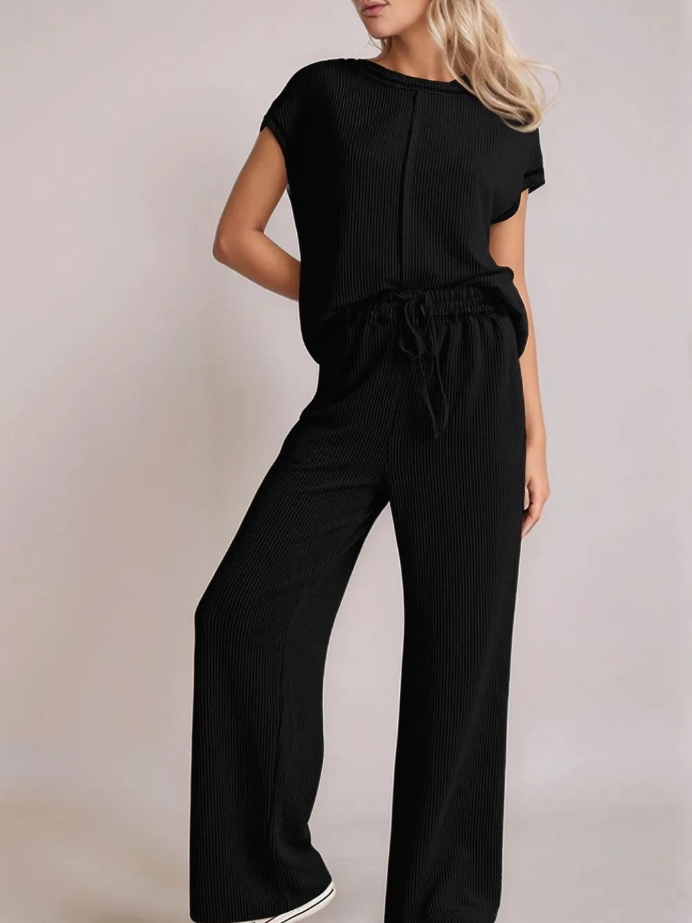 Ribbed Exposed Seam Top and Pants Set - Thalia Chic