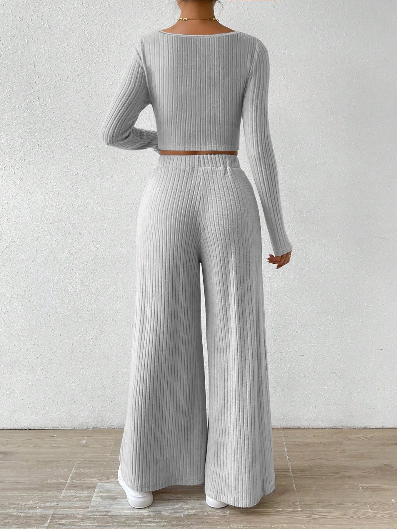 Ribbed Knit Crop Top and Wide Leg Pants Set - Thalia Chic