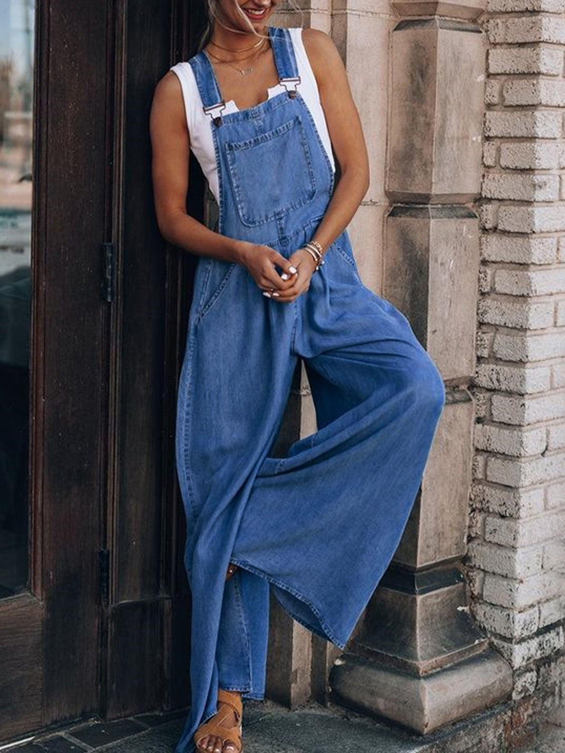 Wide Leg Denim Overalls - Thalia Chic