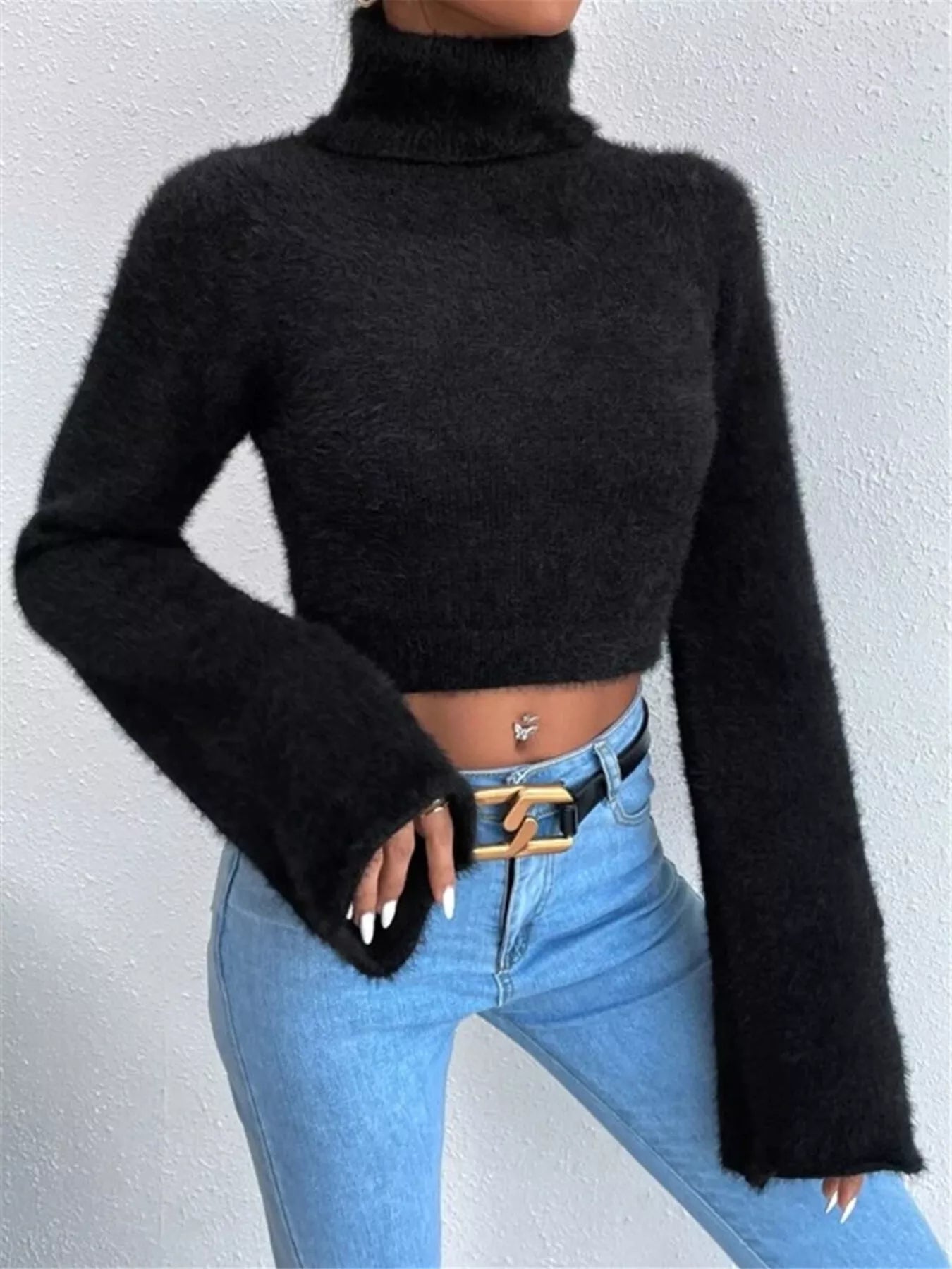 Turtleneck Flare Sleeve Sweater - Thalia Chic