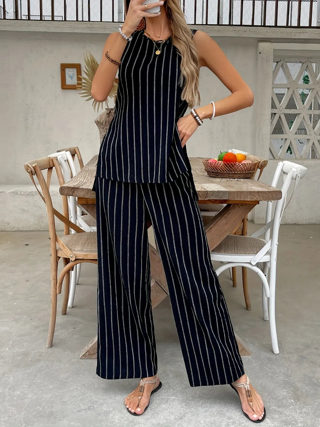 Striped Sleeveless Top and Pants Two-Piece Set - Thalia Chic