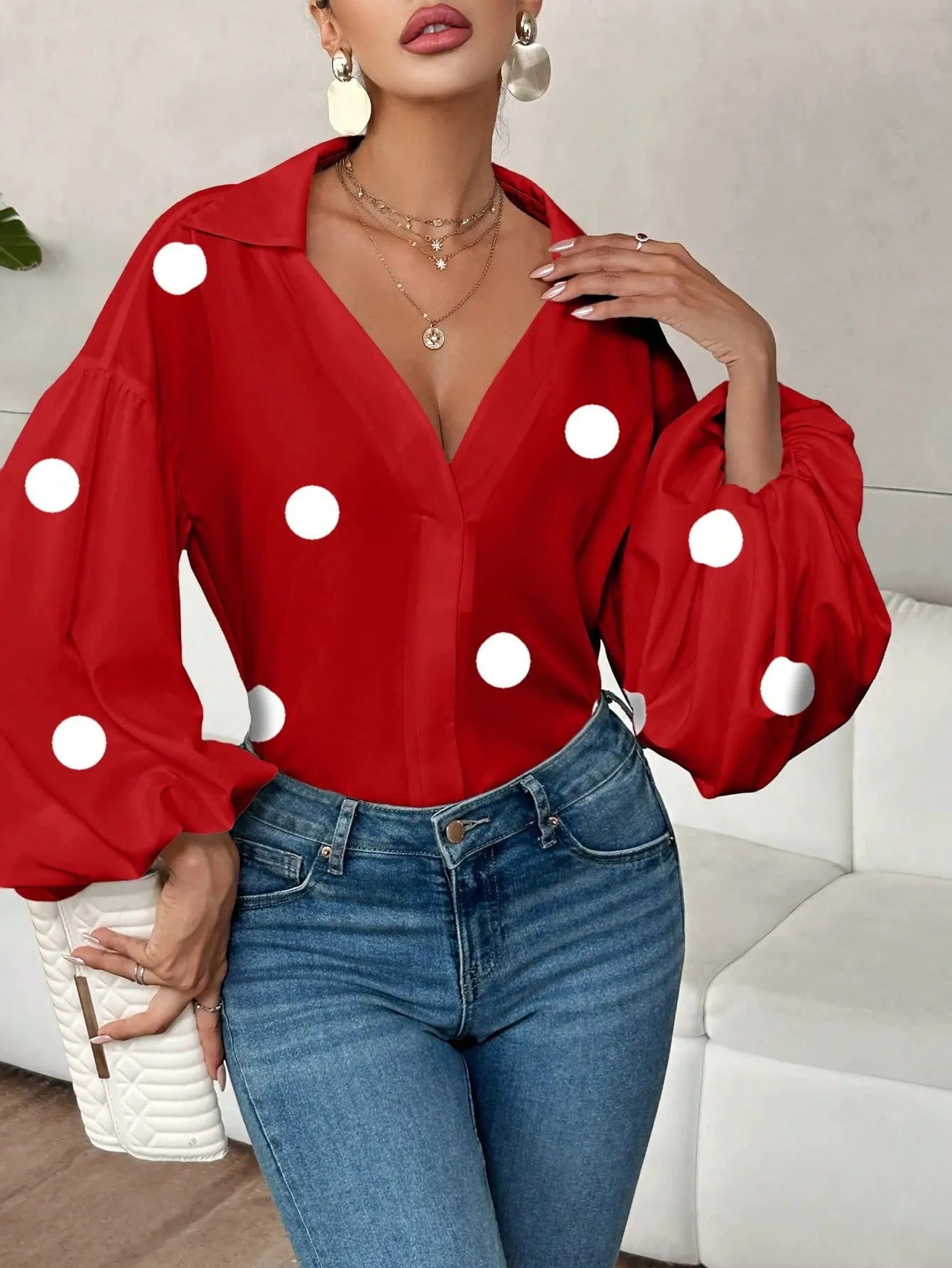 Polka Dot Balloon Sleeve Blouse - Thalia Chic