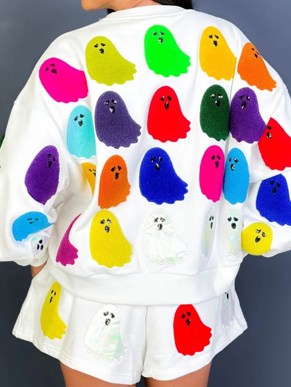 Ghost Printed Round Neck Long Sleeve Top and Shorts Set - Thalia Chic