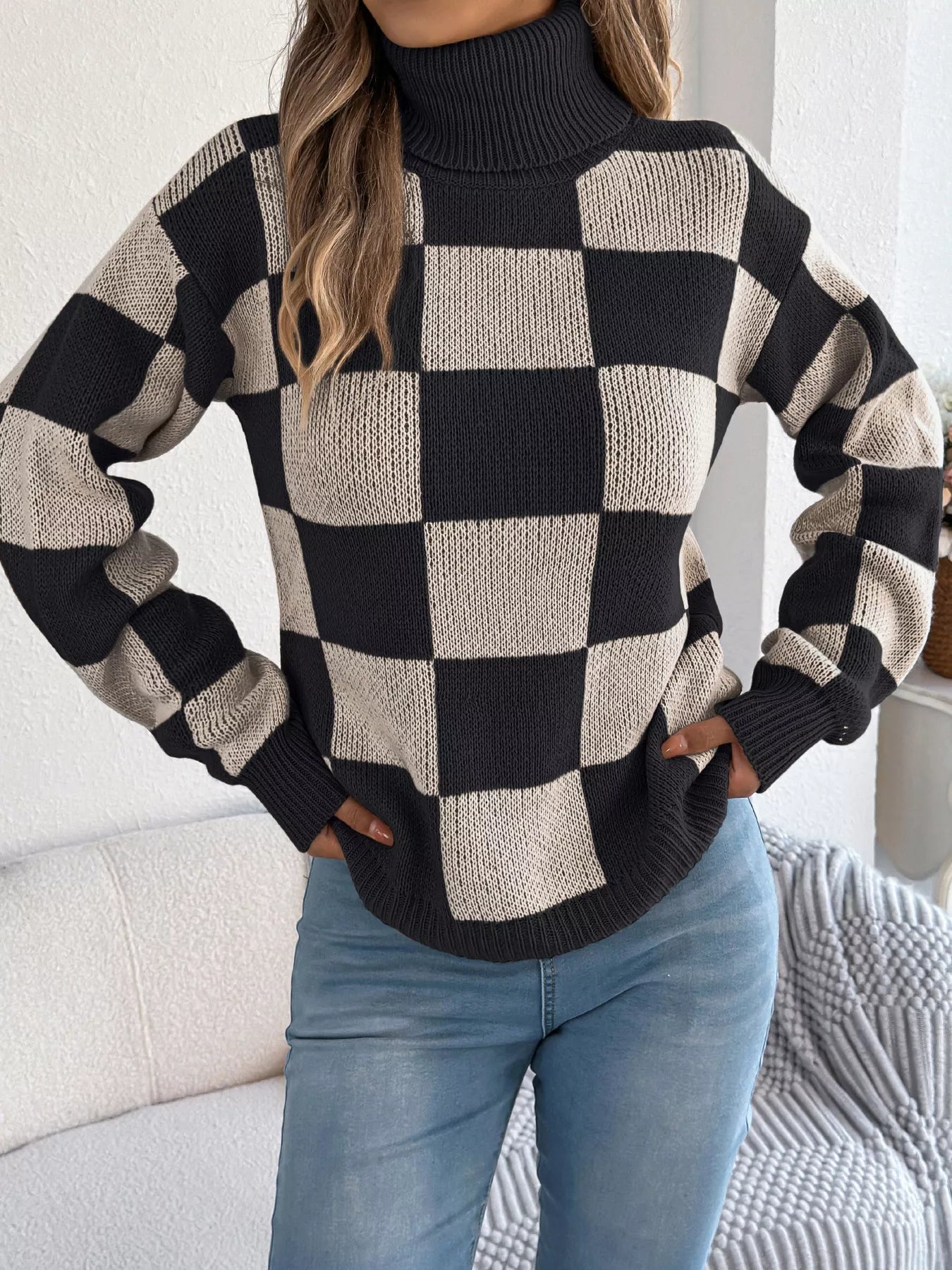 Checkered Turtleneck Long Sleeve Sweater - Thalia Chic