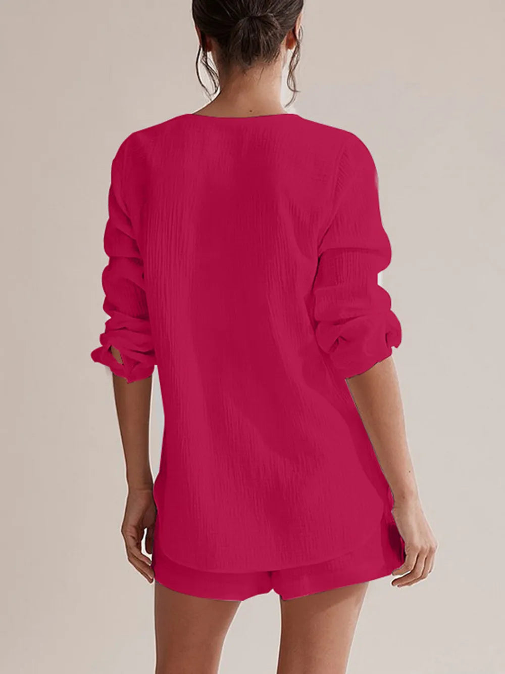 Notched Long Sleeve Top and Shorts Set - Thalia Chic