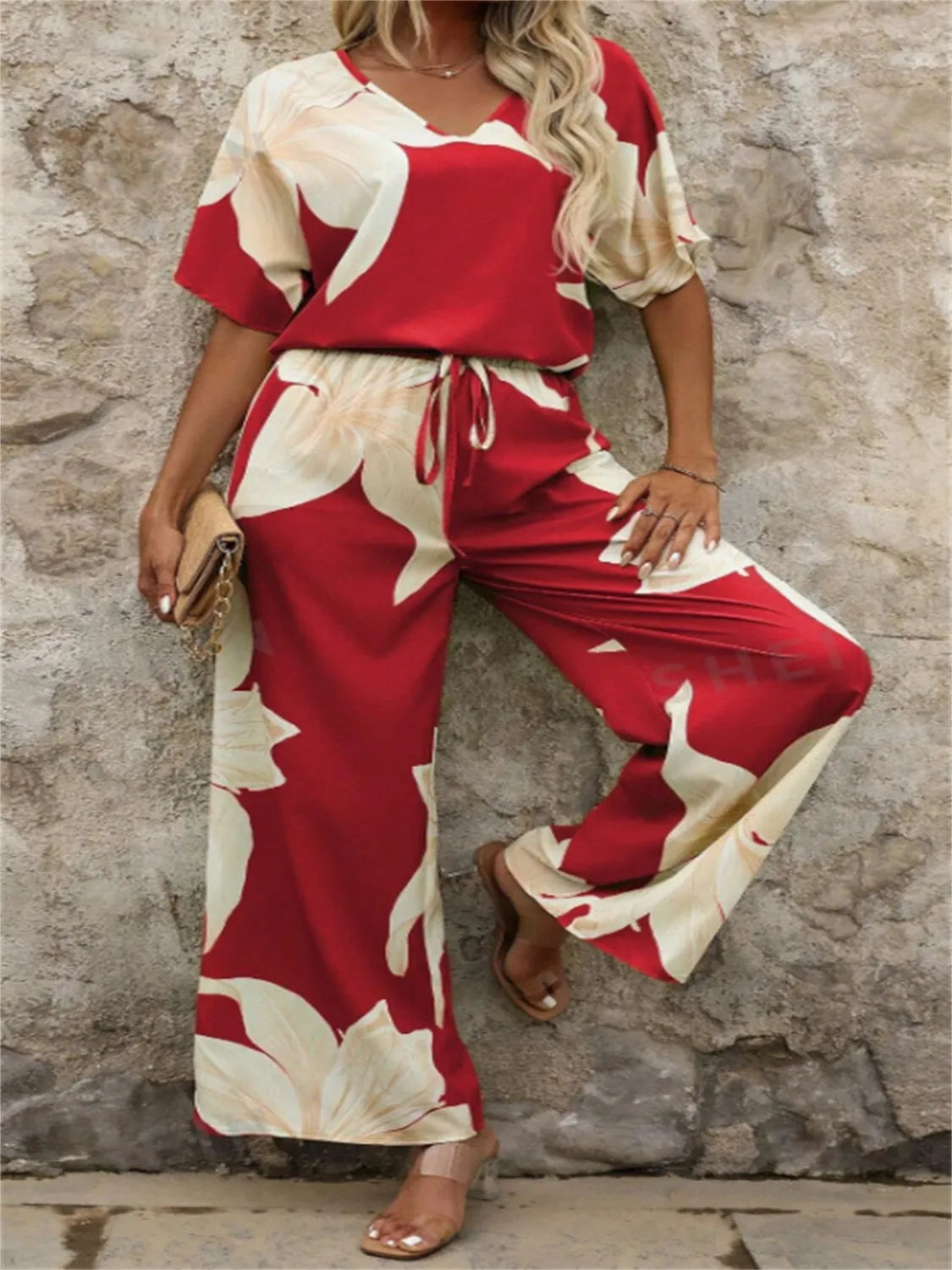 Printed V-Neck Top and Wide Leg Pants Set - Thalia Chic