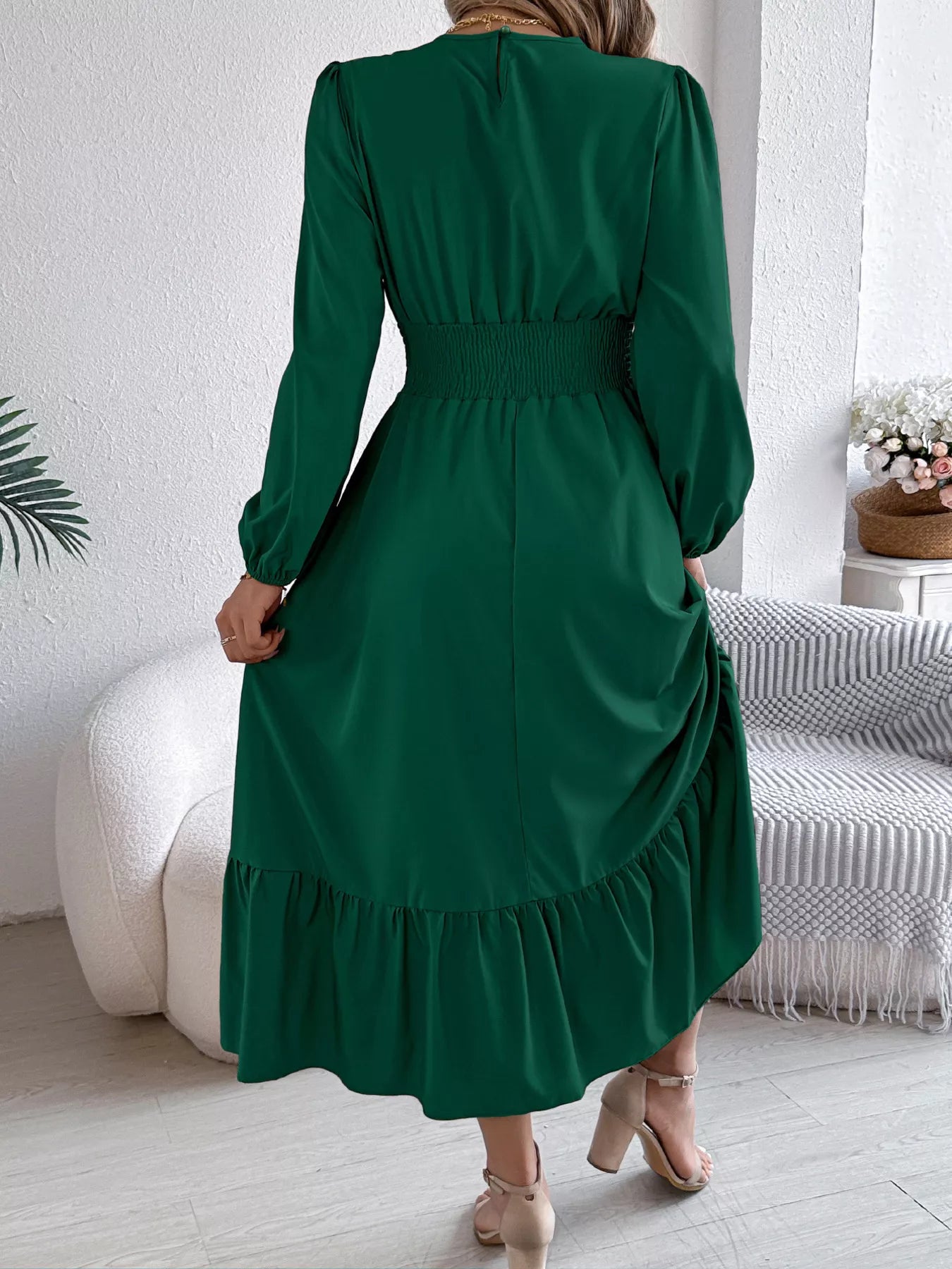 Round Neck Balloon Sleeve Tiered Dress - Thalia Chic