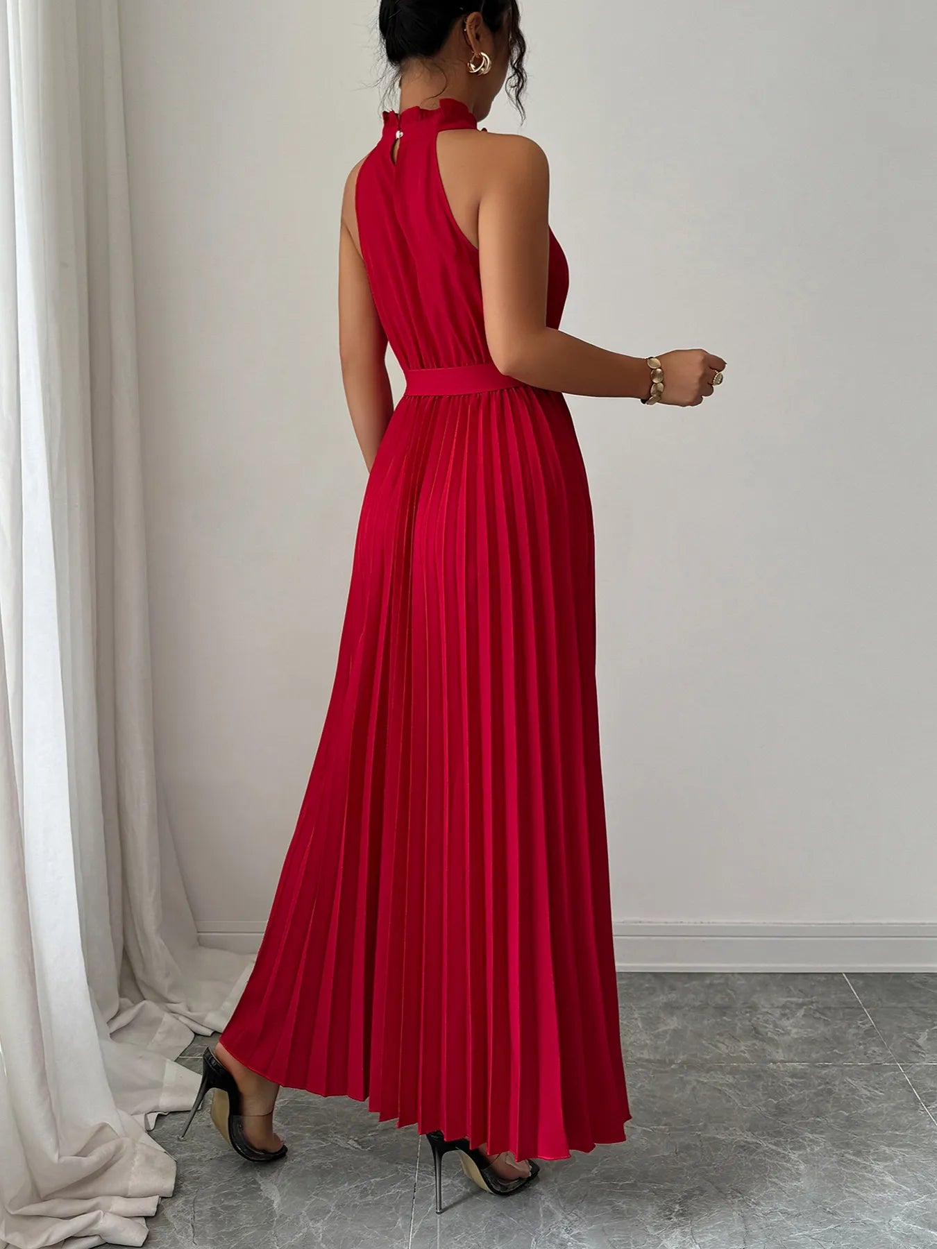 Pleated Halter Neck Tie Waist Maxi Dress - Thalia Chic