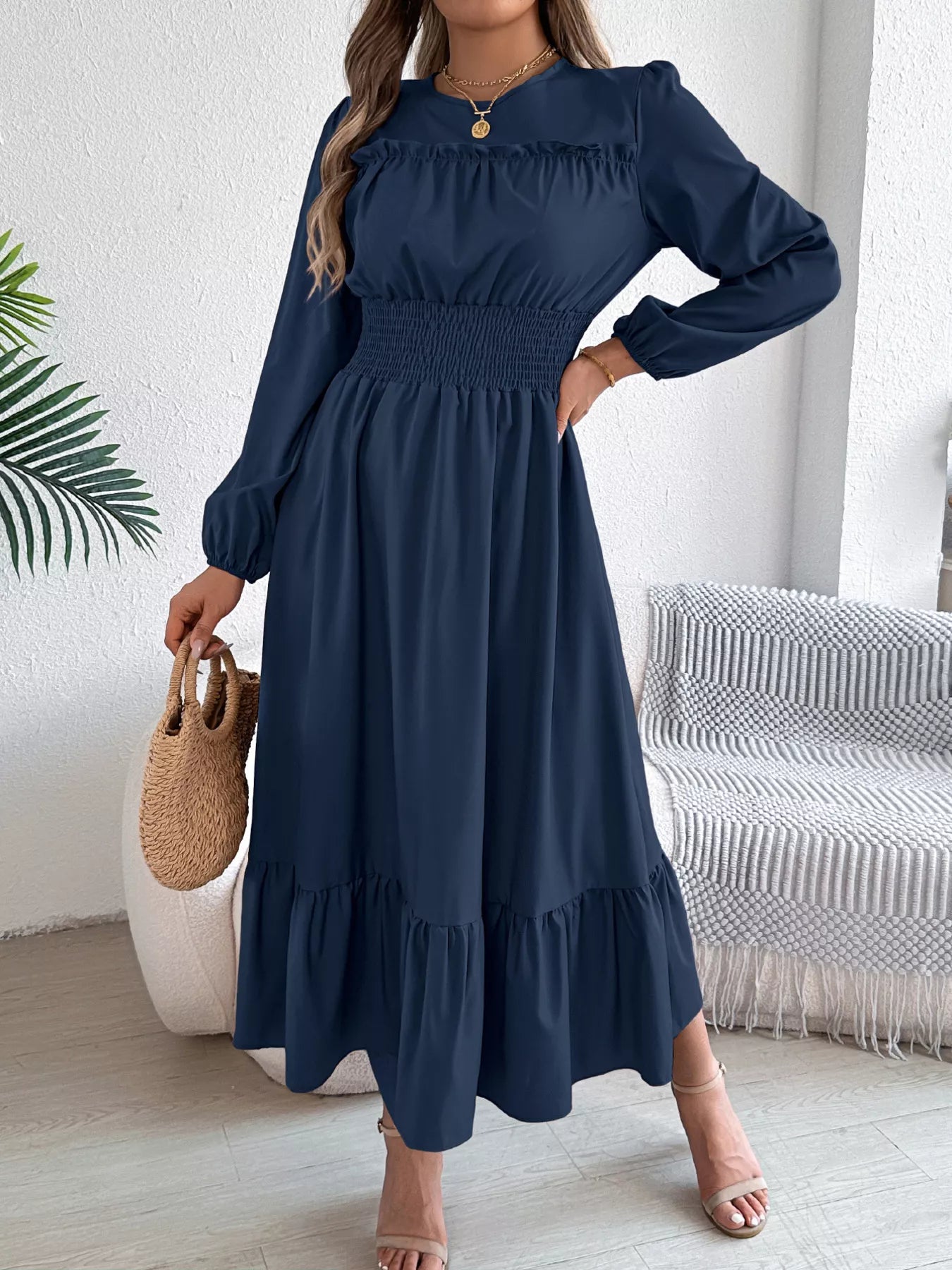 Round Neck Balloon Sleeve Tiered Dress - Thalia Chic