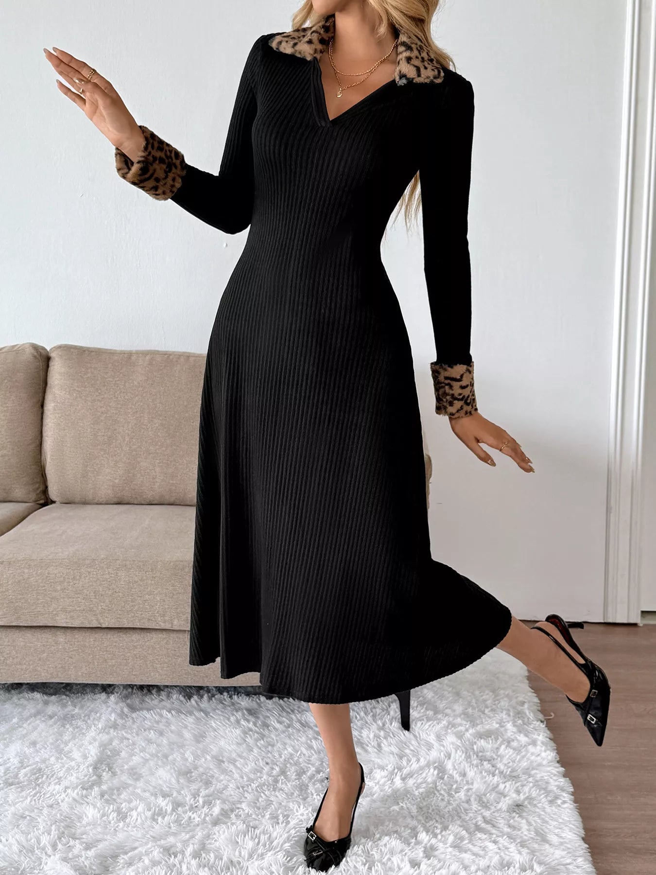 Leopard Cuff Johnny Collar Midi Dress - Thalia Chic