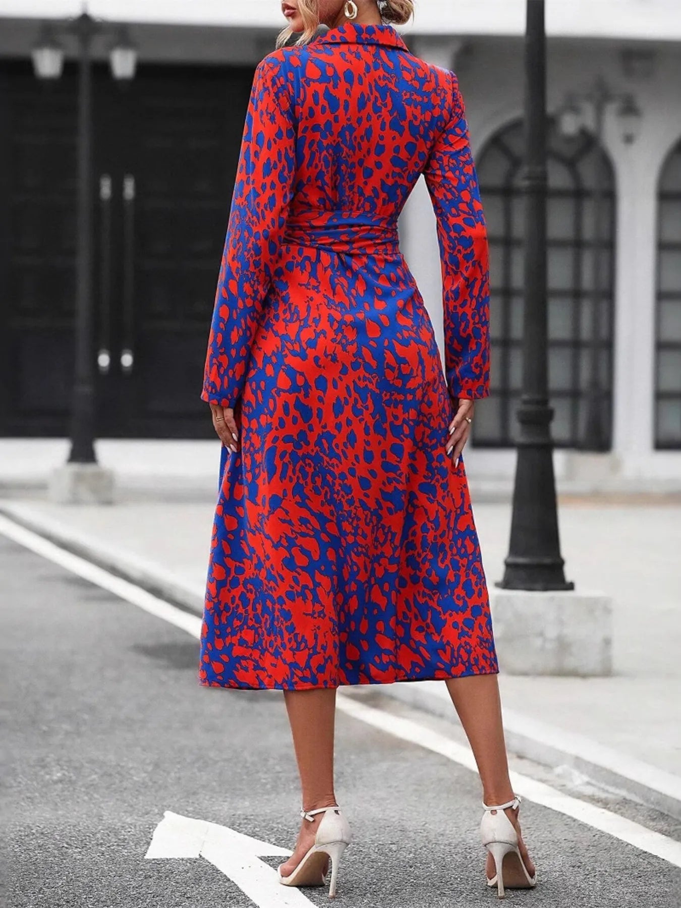 Printed Long Sleeve Shirt Dress - Thalia Chic