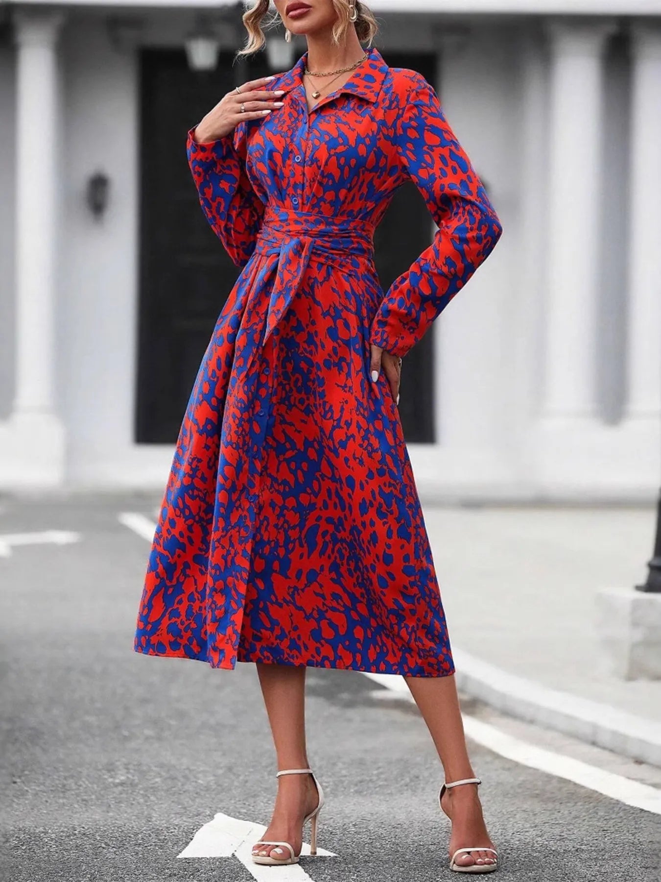 Printed Long Sleeve Shirt Dress - Thalia Chic