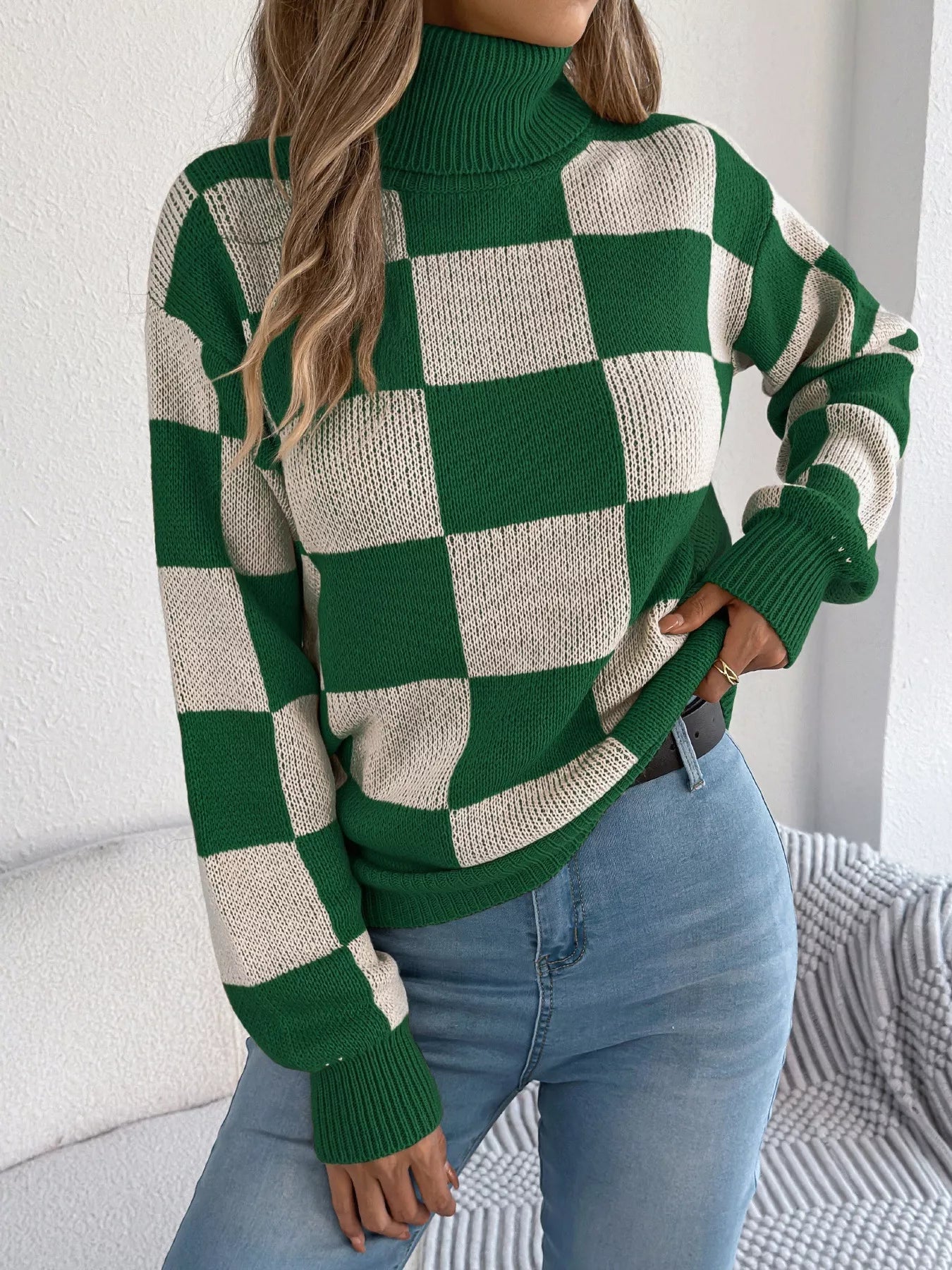 Checkered Turtleneck Long Sleeve Sweater - Thalia Chic