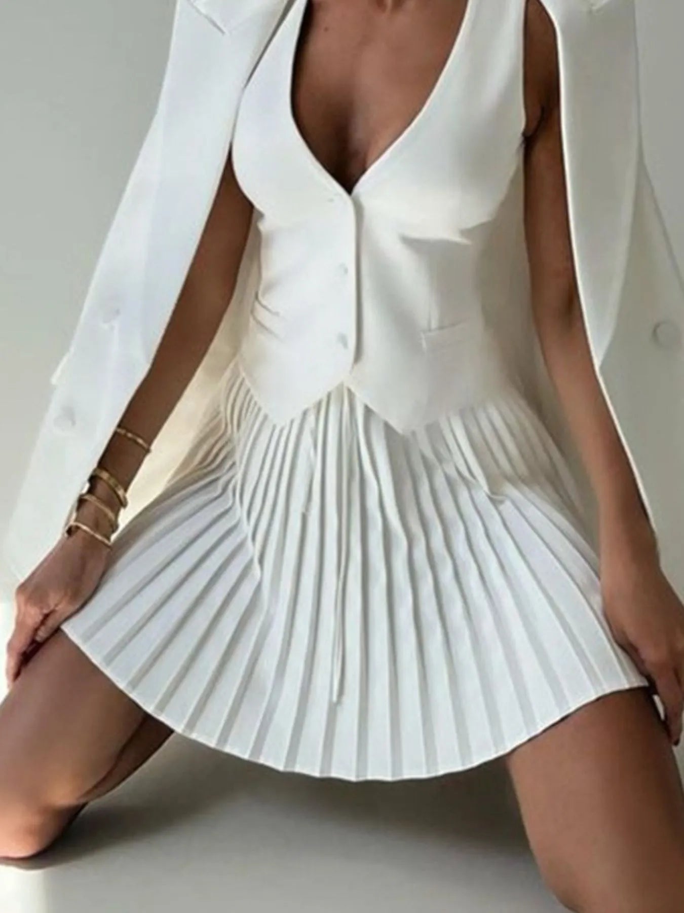 Button Up Vest and Pleated Mini Skirt Set - Thalia Chic