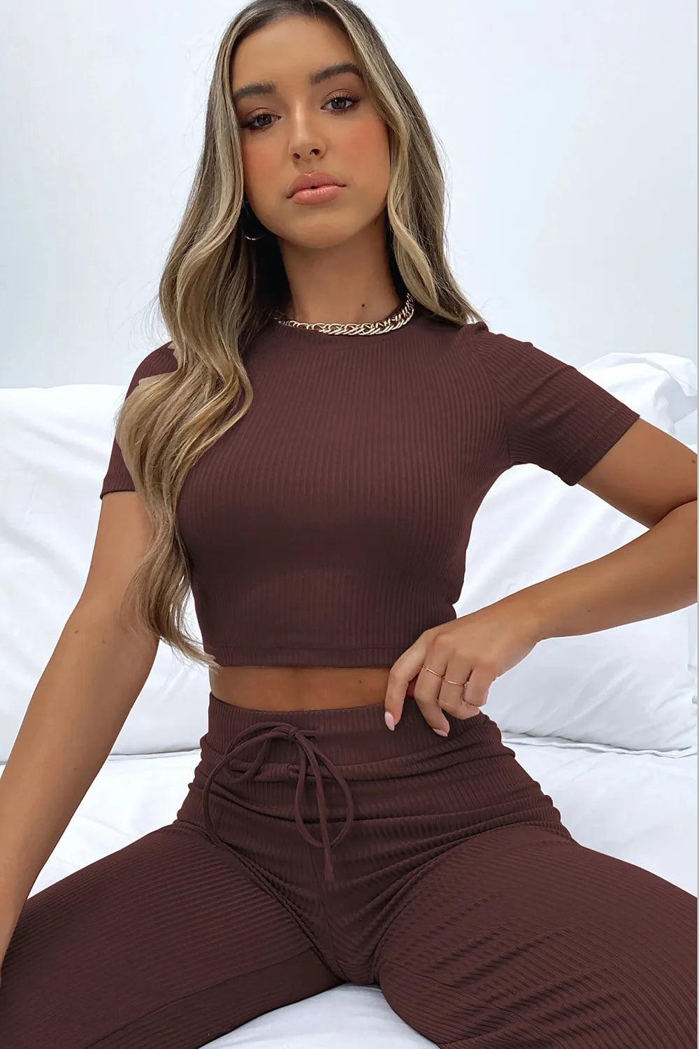 Round Neck Short Sleeve Top and Pants Set - Thalia Chic