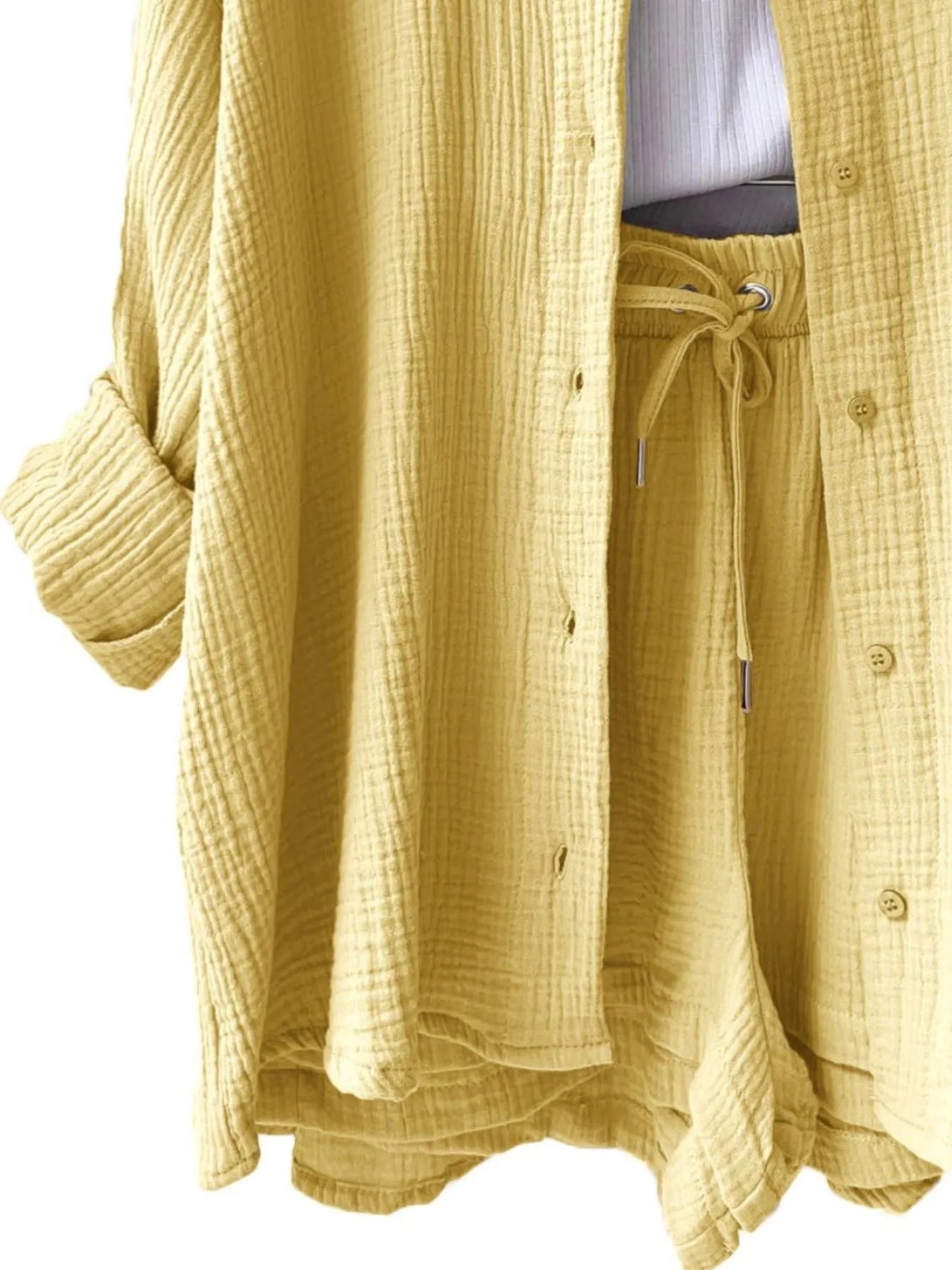 Textured Button Up Shirt and Shorts Set - Thalia Chic