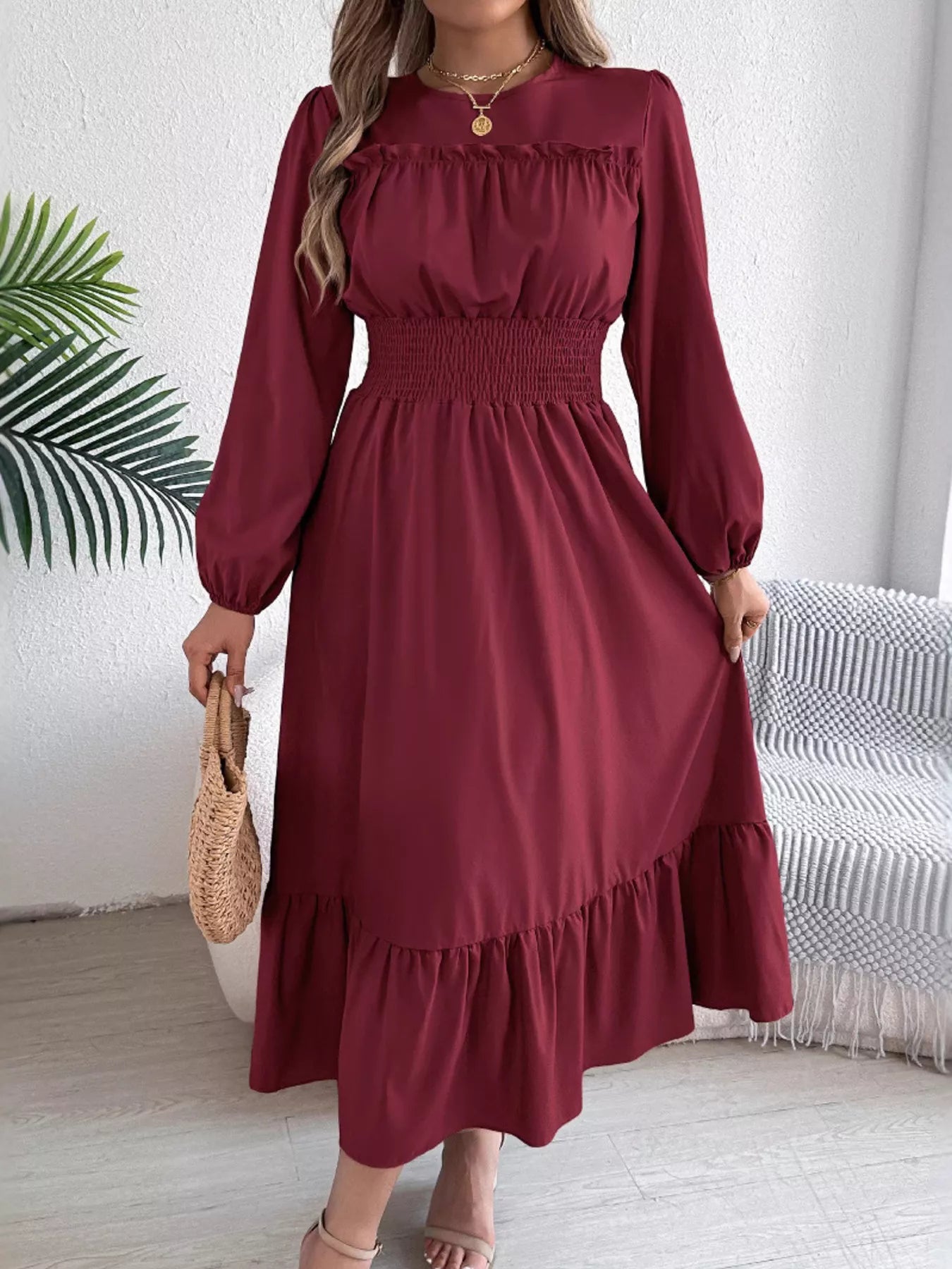 Round Neck Balloon Sleeve Tiered Dress - Thalia Chic
