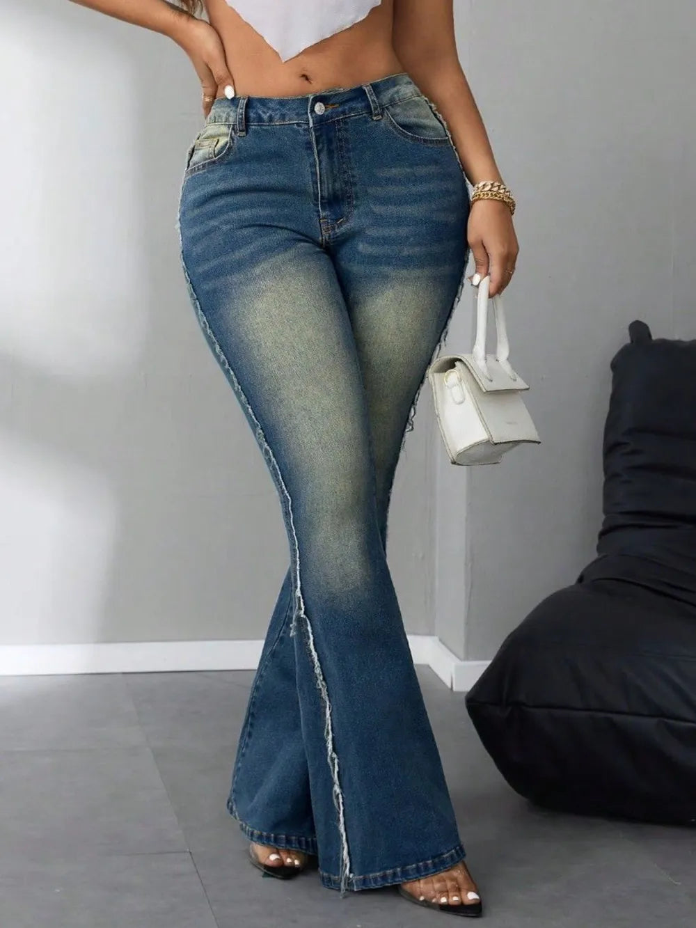 Side Raw Hem Flare Jeans - Thalia Chic