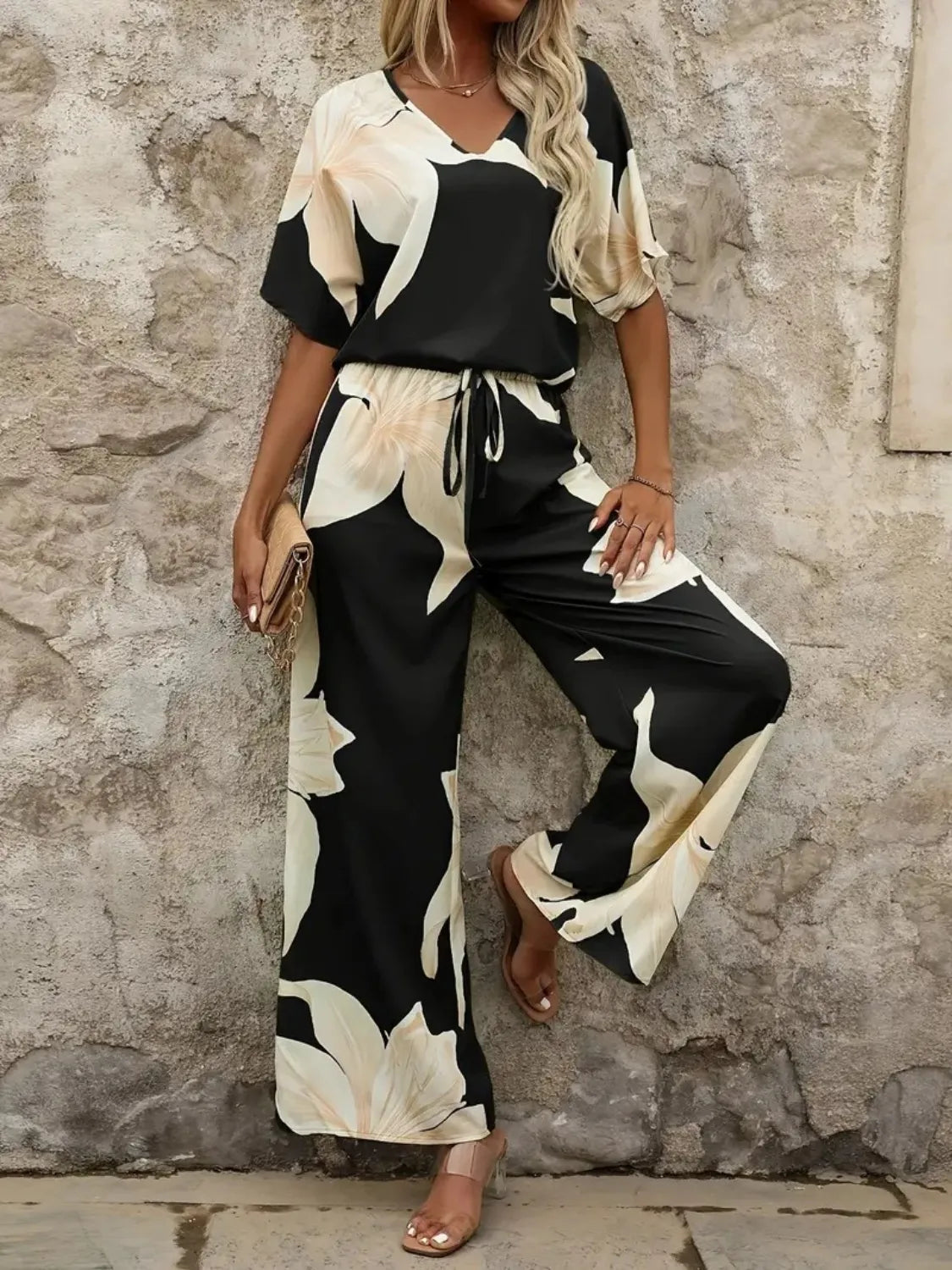 Printed V-Neck Top and Wide Leg Pants Set - Thalia Chic