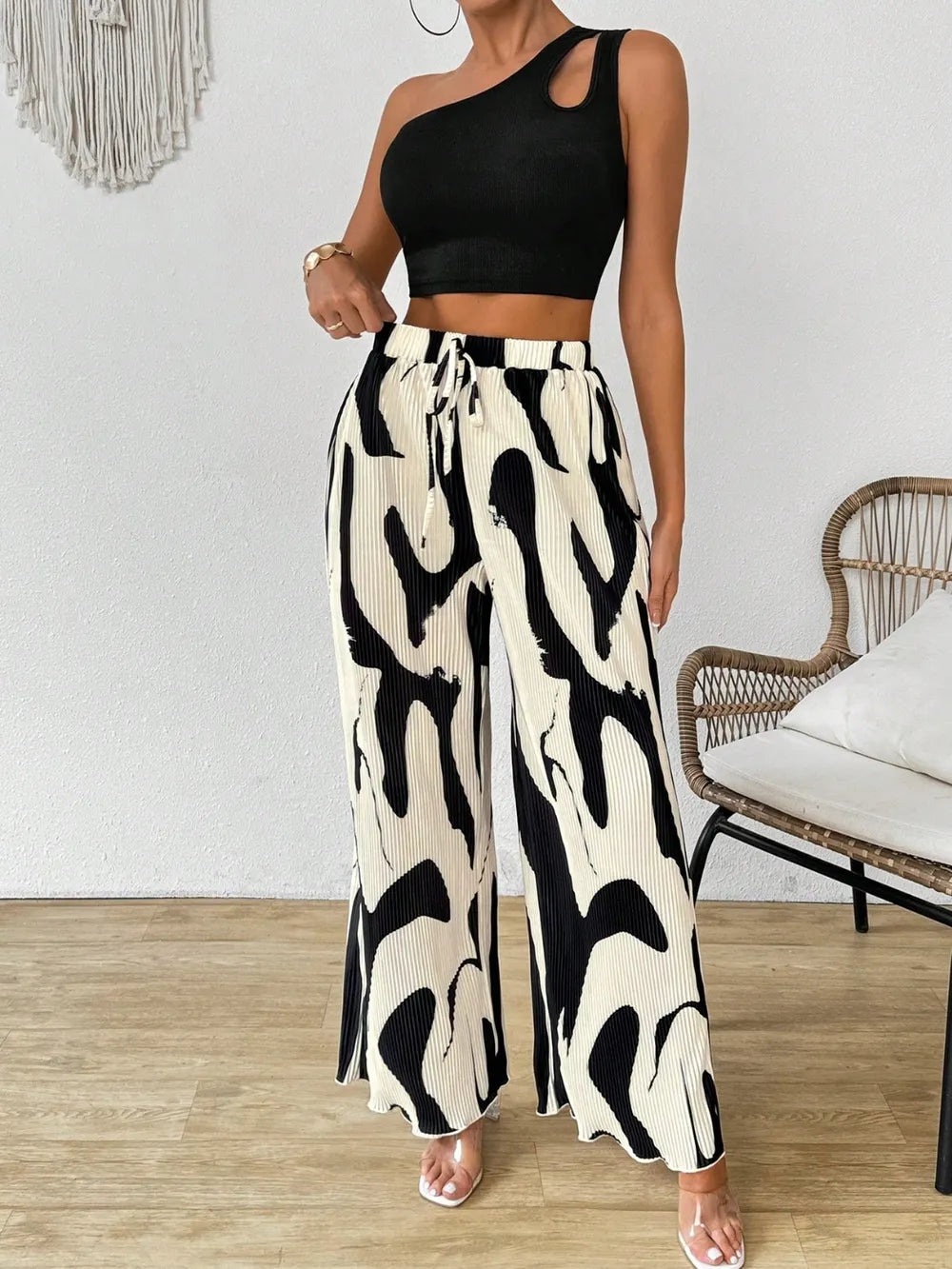 Cutout One Shoulder Top and Printed Pants Set - Thalia Chic