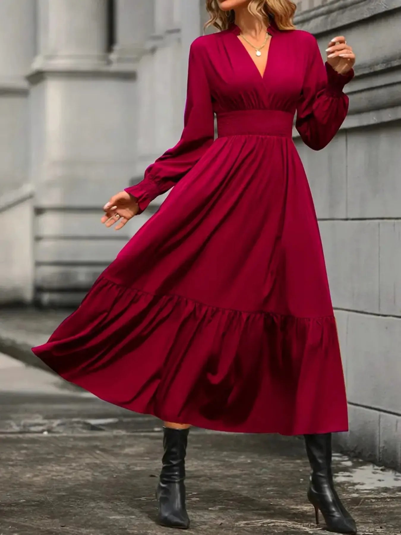 Notched Long Sleeve Tiered Dress - Thalia Chic