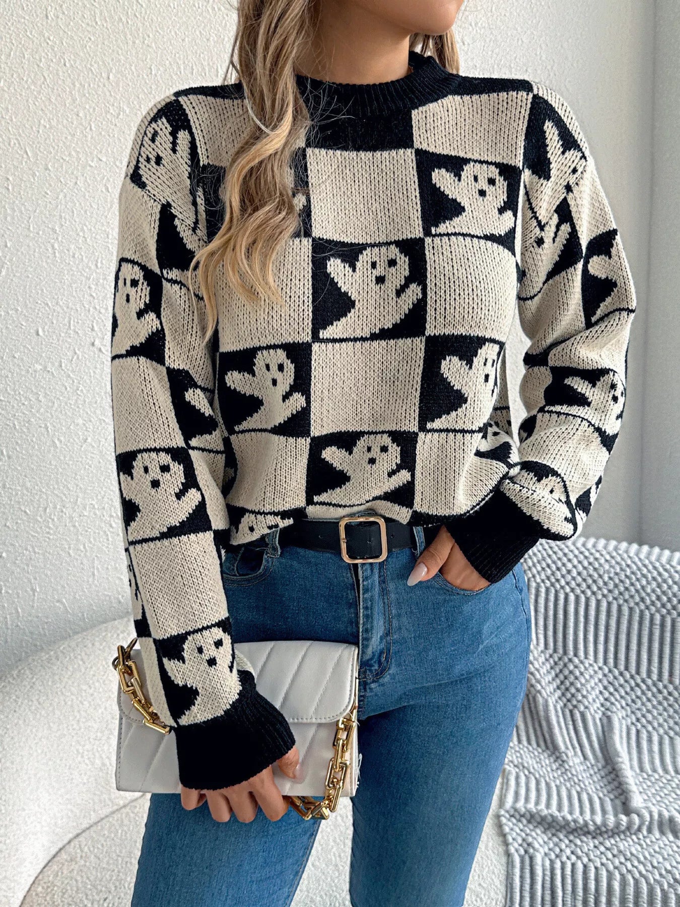 Halloween Ghost Pattern Checkered Round Neck Sweater - Thalia Chic