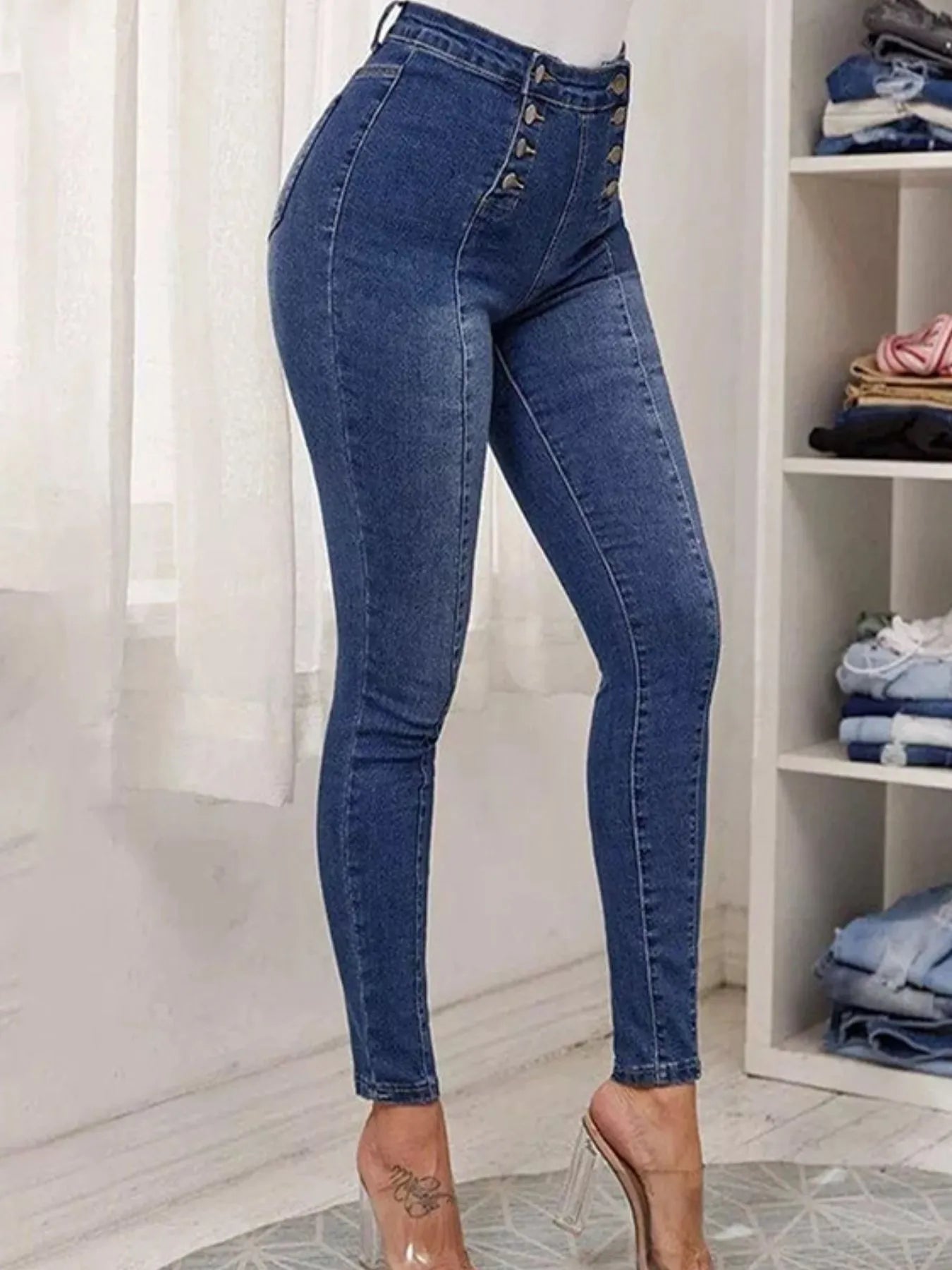 Full Size High-Waisted Double-Breasted Skinny Jeans Plus Size - Thalia Chic
