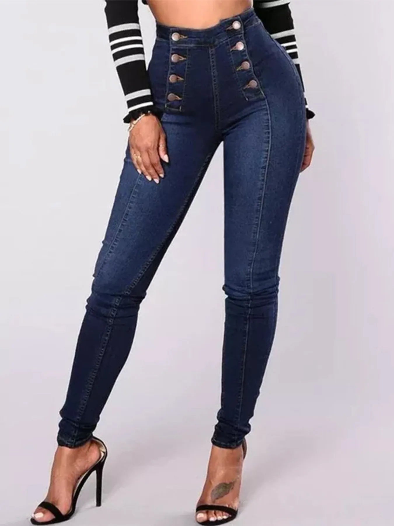 Full Size High-Waisted Double-Breasted Skinny Jeans Plus Size - Thalia Chic
