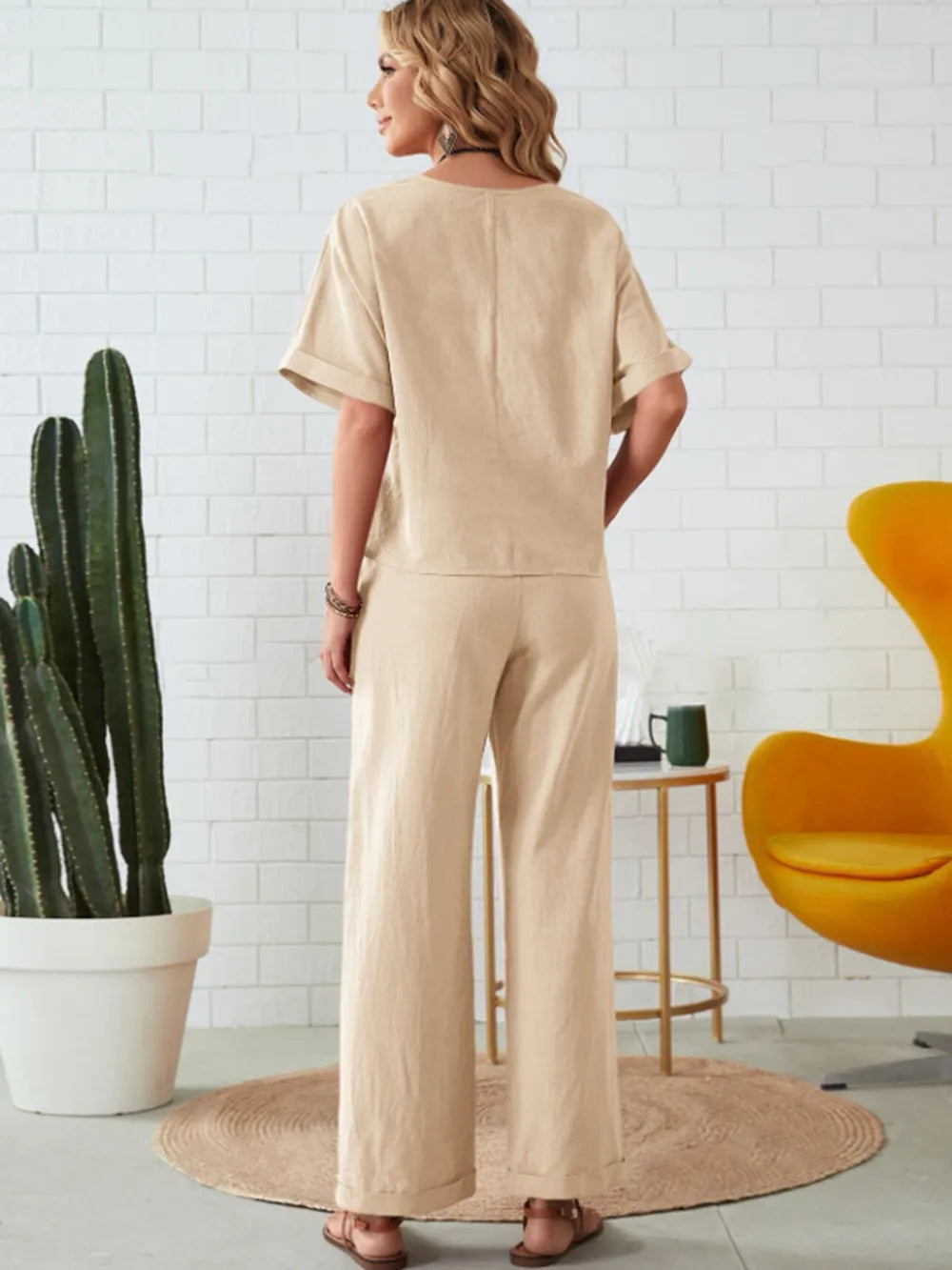 Round Neck Half Sleeve Top and Pocketed Pants Set - Thalia Chic