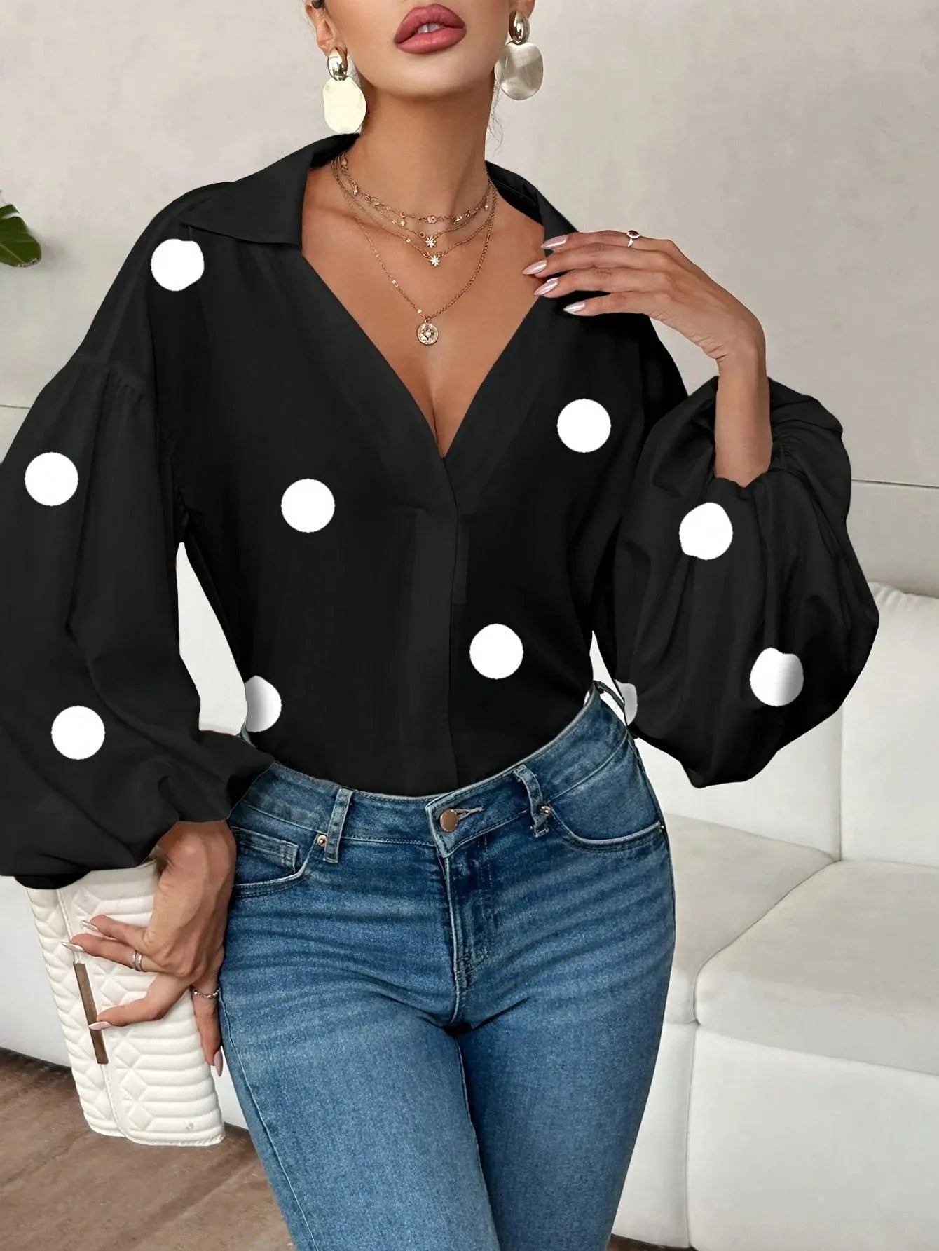 Polka Dot Balloon Sleeve Blouse - Thalia Chic
