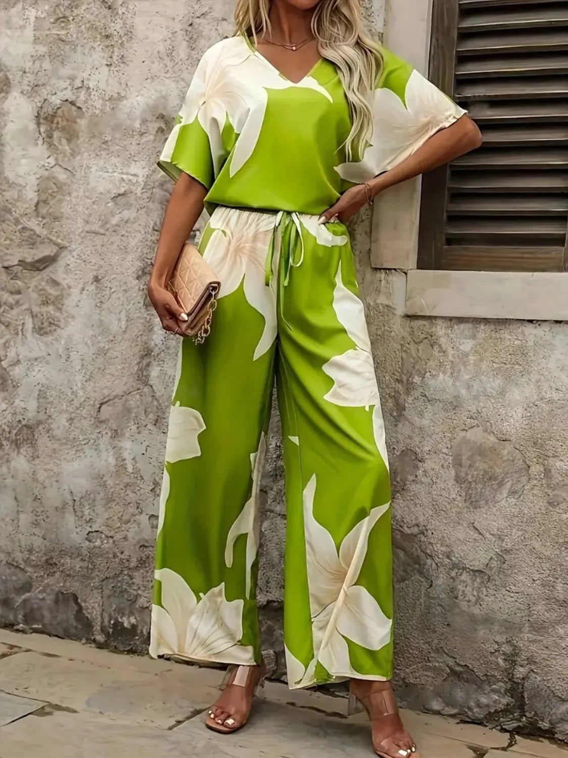 Printed V-Neck Top and Wide Leg Pants Set - Thalia Chic