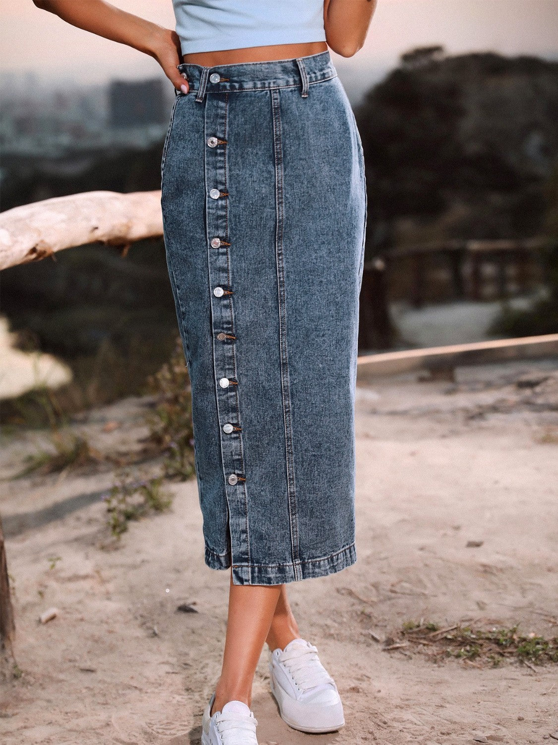 Button Down Denim Skirt - Thalia Chic
