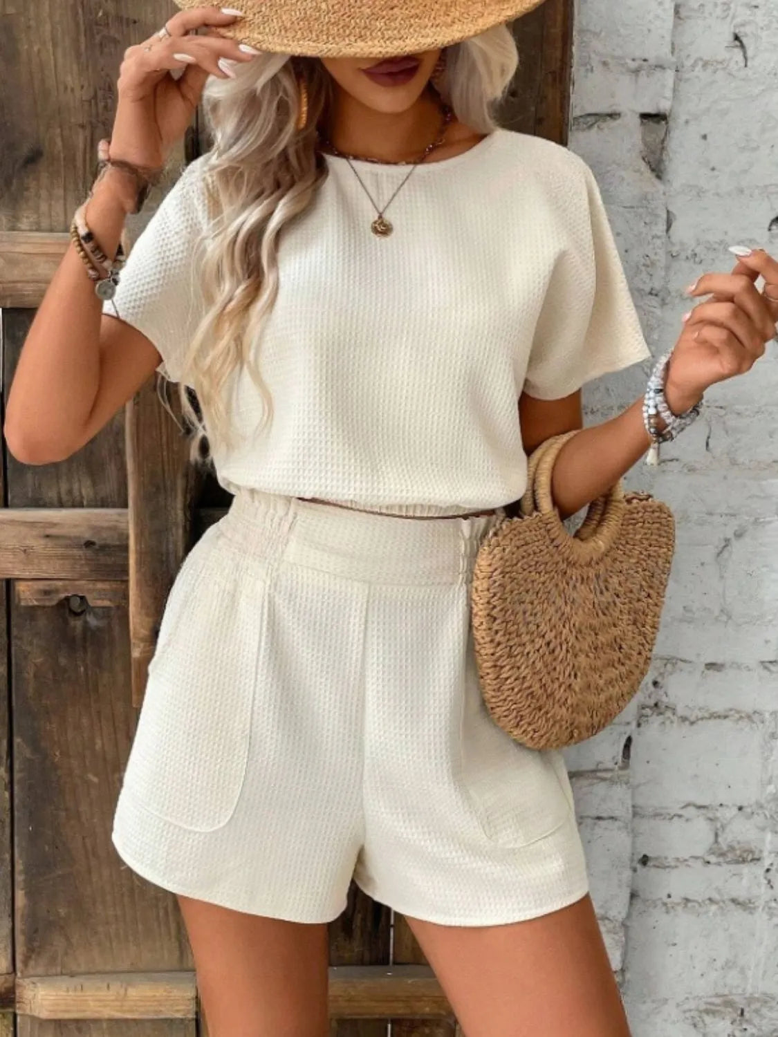 Round Neck Short Sleeve Top and Shorts Set - Thalia Chic